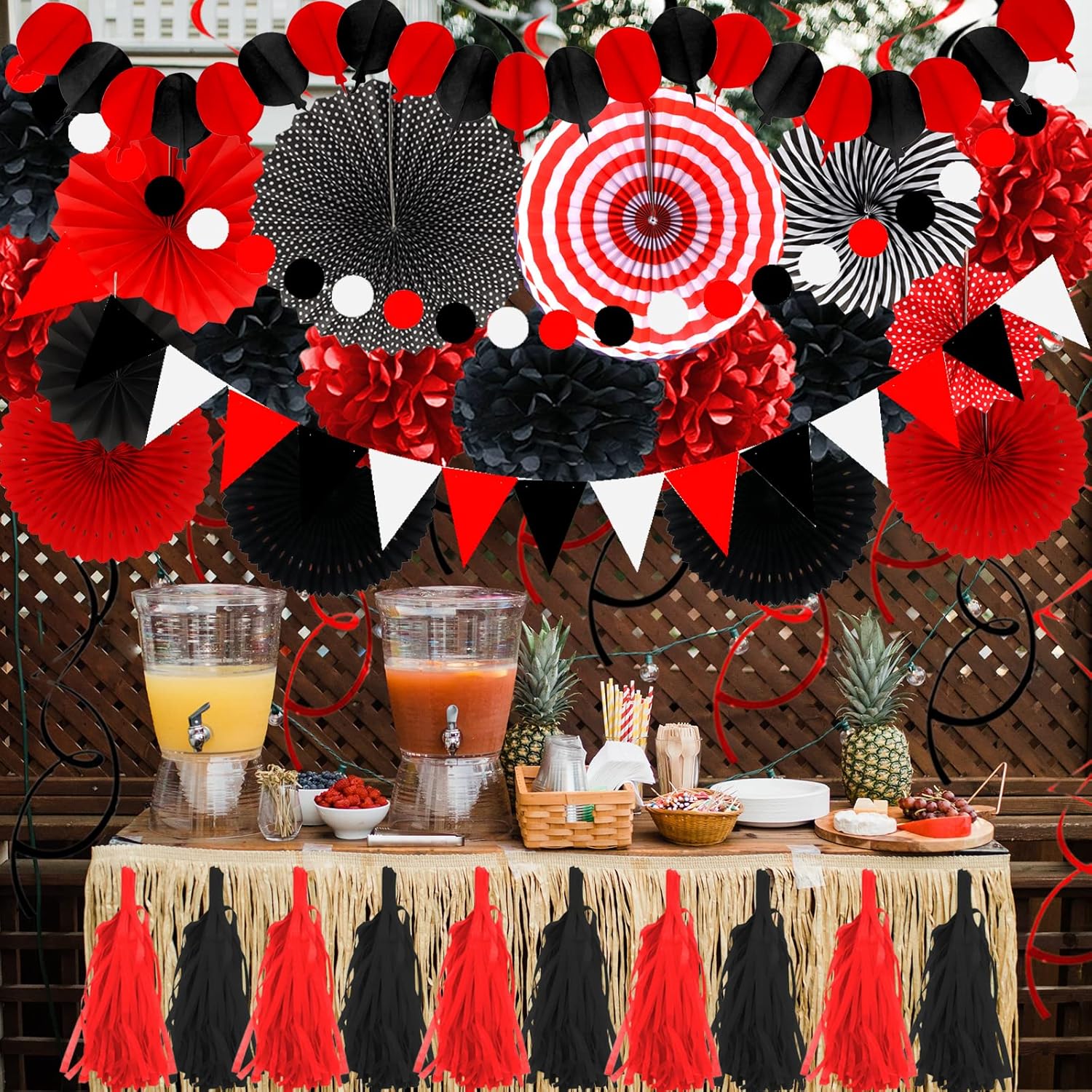 ZERODECO Black and Red Tissue Pom Poms Garland Decor