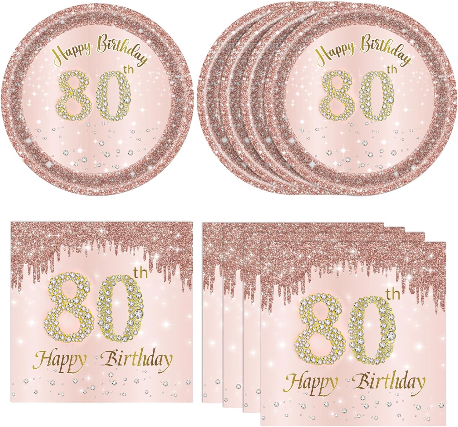 KHAIVI 40PCS Rose Gold 80th Birthday Tableware Set