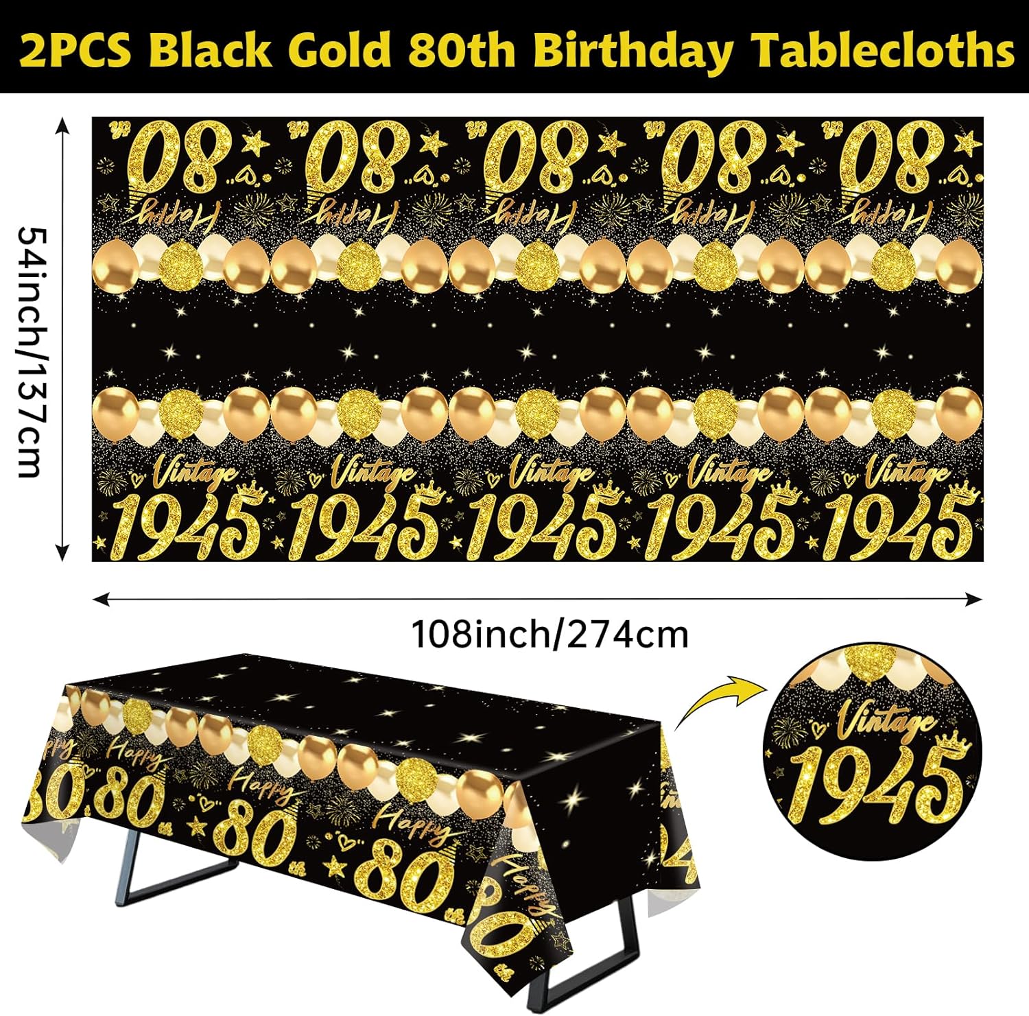 Uiorgui 2pcs 80th Birthday Tablecloth Set