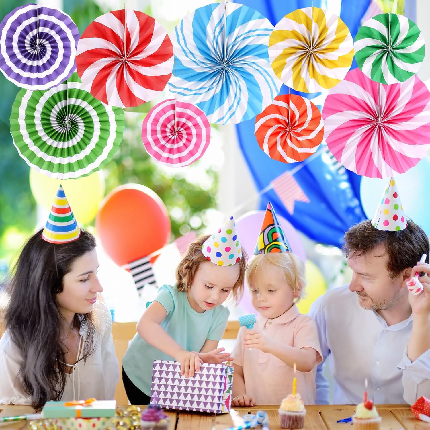 9 Pcs Candyland Themed Paper Fans for Party Decorations