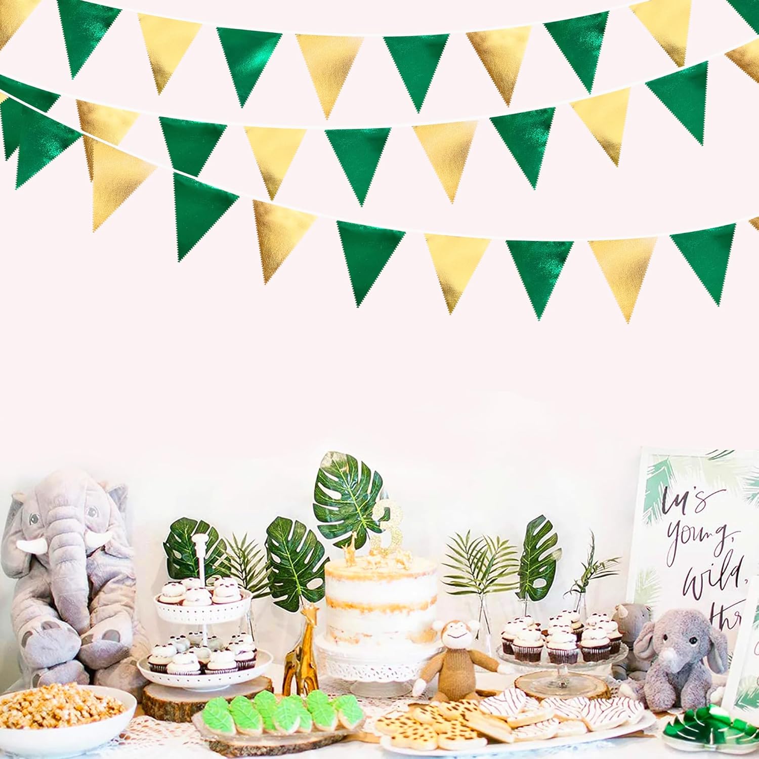Green Gold Metallic Triangle Pennant Banner Flag Bunting Garland for Parties