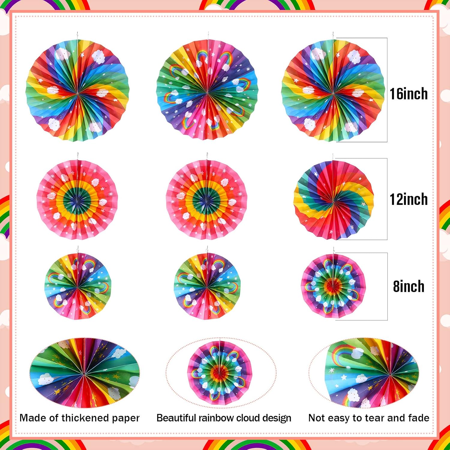 Outus 9 Pcs Rainbow Party Decor Paper Fans