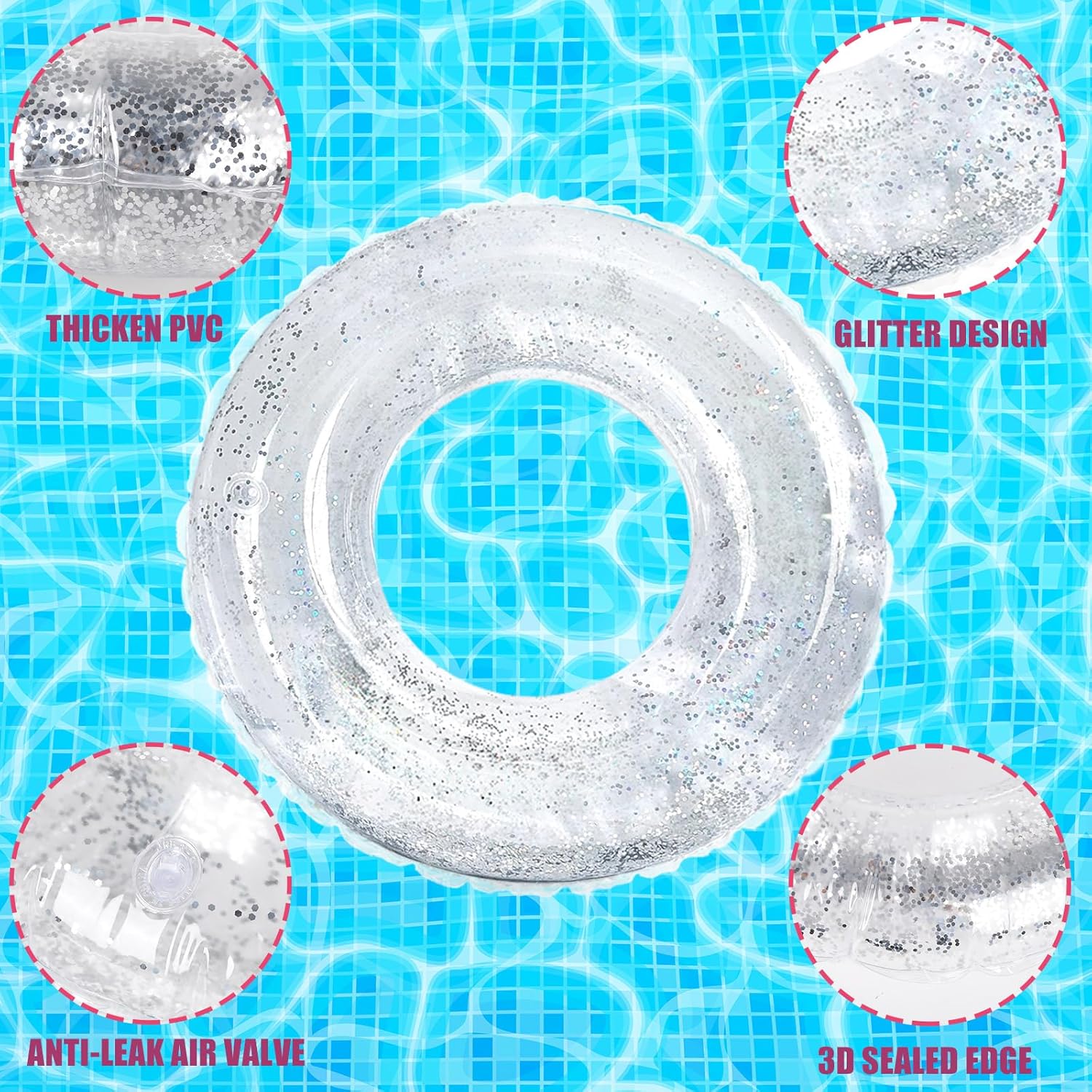 Whaline 4Pcs Clear Glitter Swim Rings