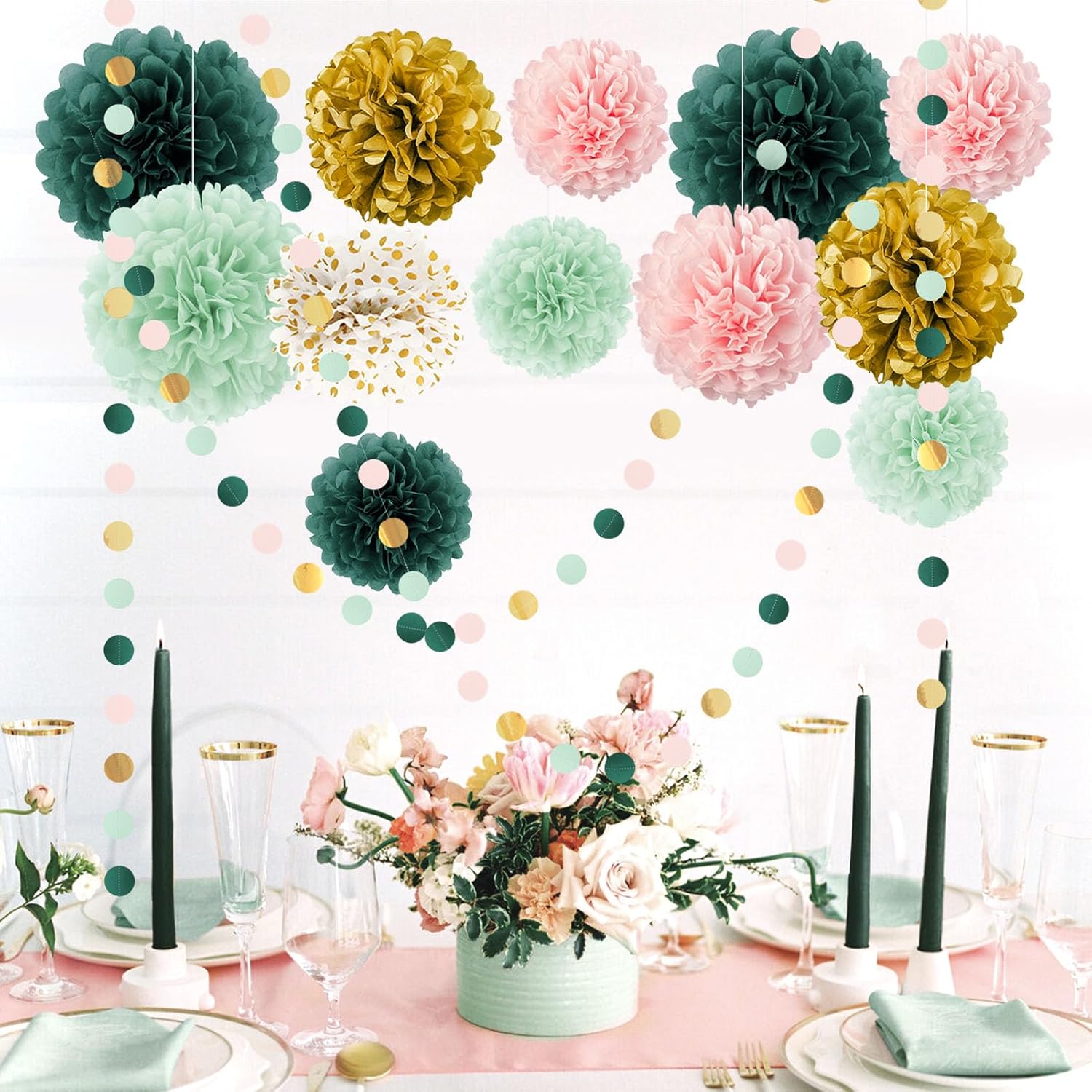 AOBKIAT 15PCS Tissue Paper Pom Poms Garland Decor Set