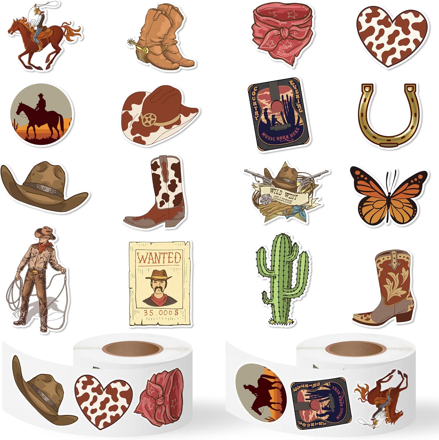 Western Cowboy Sticker Rolls 16 Designs 1000pcs Set