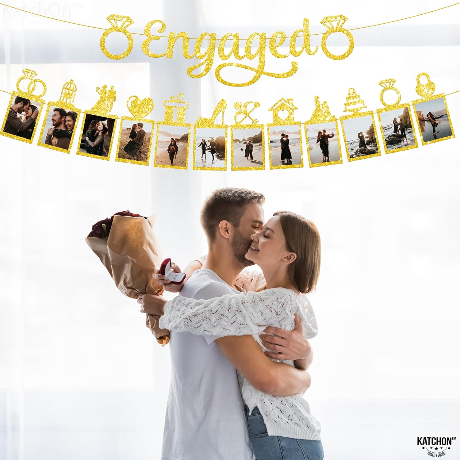 KatchOn Gold Glitter Engagement Photo Banner - 10 Feet 2 Strings No DIY
