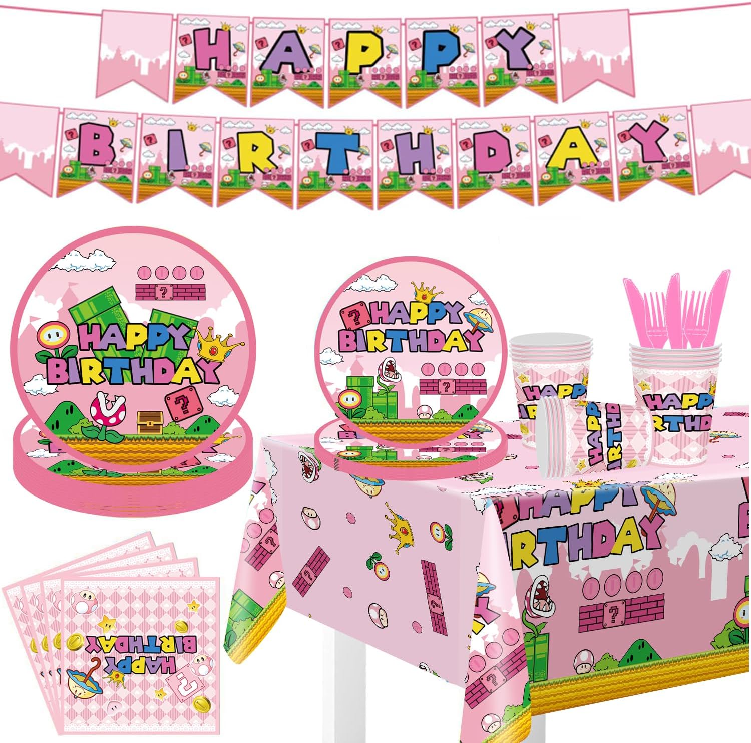 122Pcs Super Bros Peach Party Tableware Kit for 20 Guests