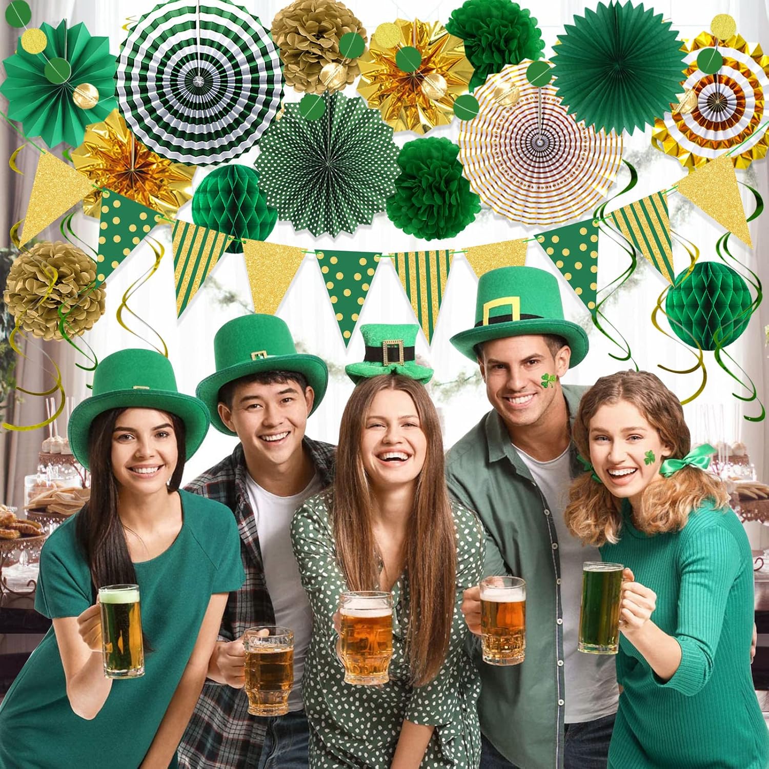 Green Gold Party Decorations Set with Fans and Flags