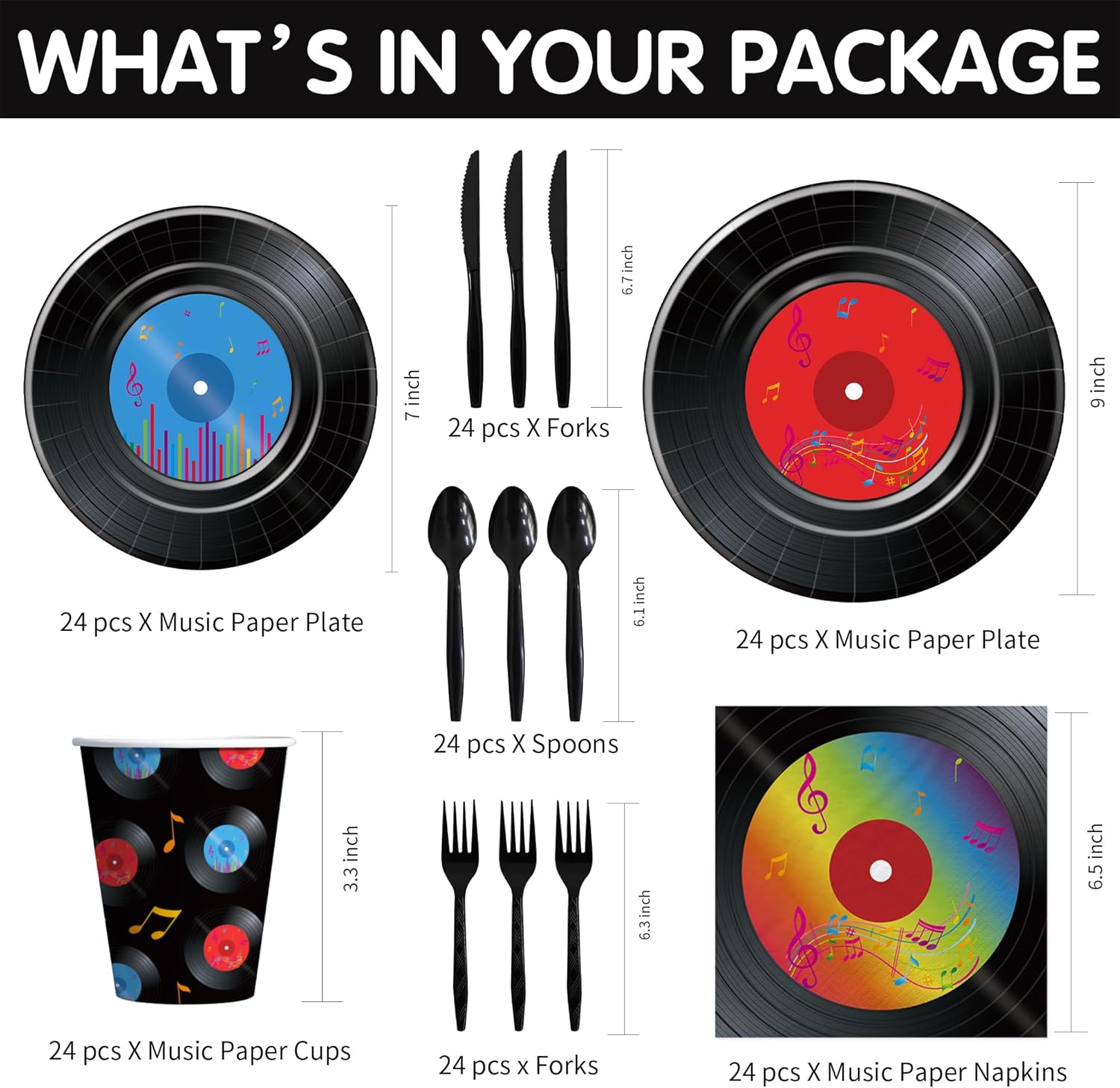 50s Rock Record Party Tableware Set for 24 Guests