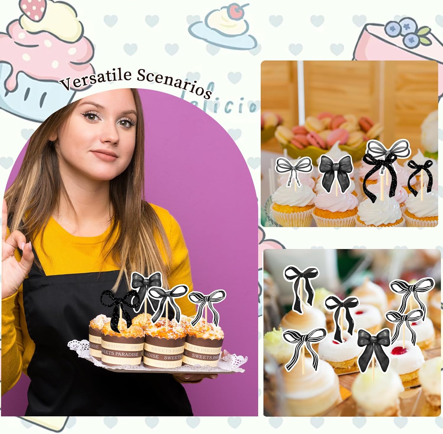 Coquete Black Bow Cupcake Toppers 36PCS