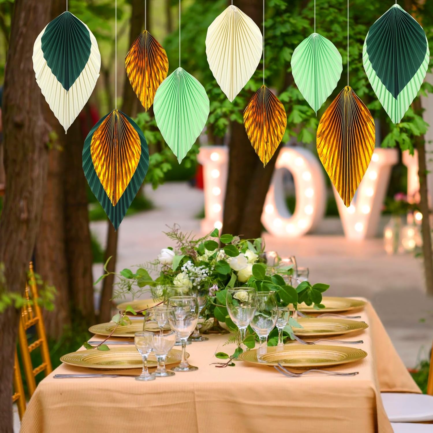 ADLKGG Green Gold Hanging Paper Leaves Wall Decor 12pcs