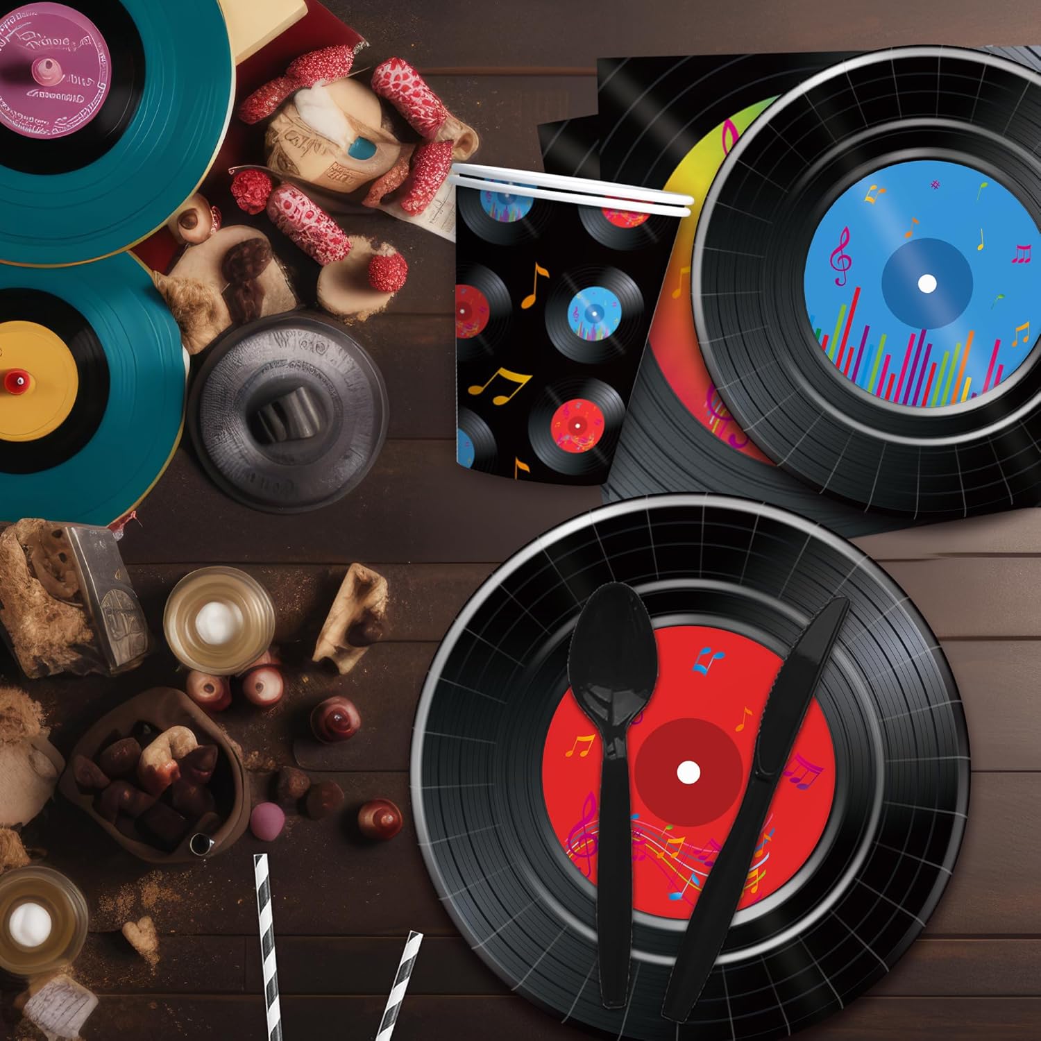 50s Rock Record Party Tableware Set for 24 Guests