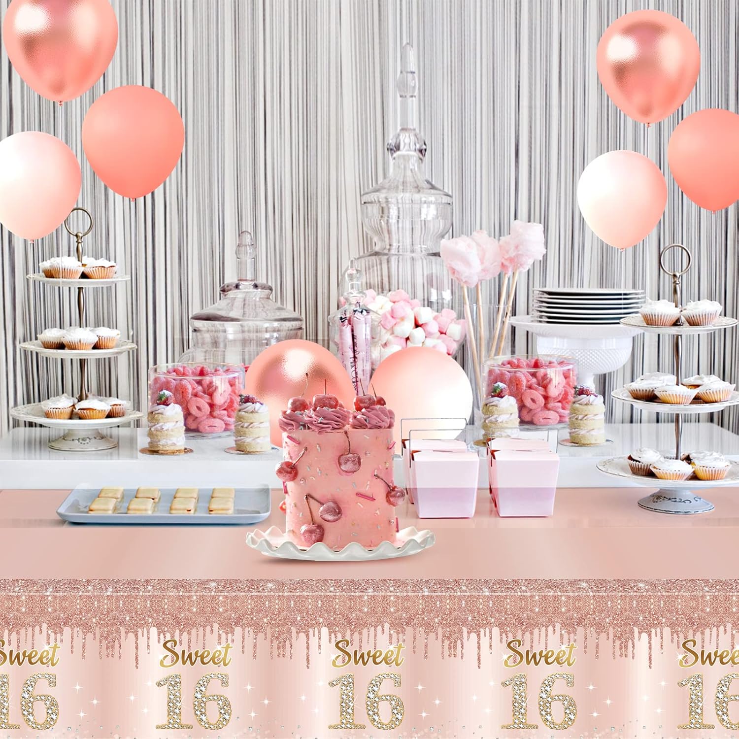 Sweet 16 Pink Rose Gold Birthday Tablecloth Decorations 3 Pack