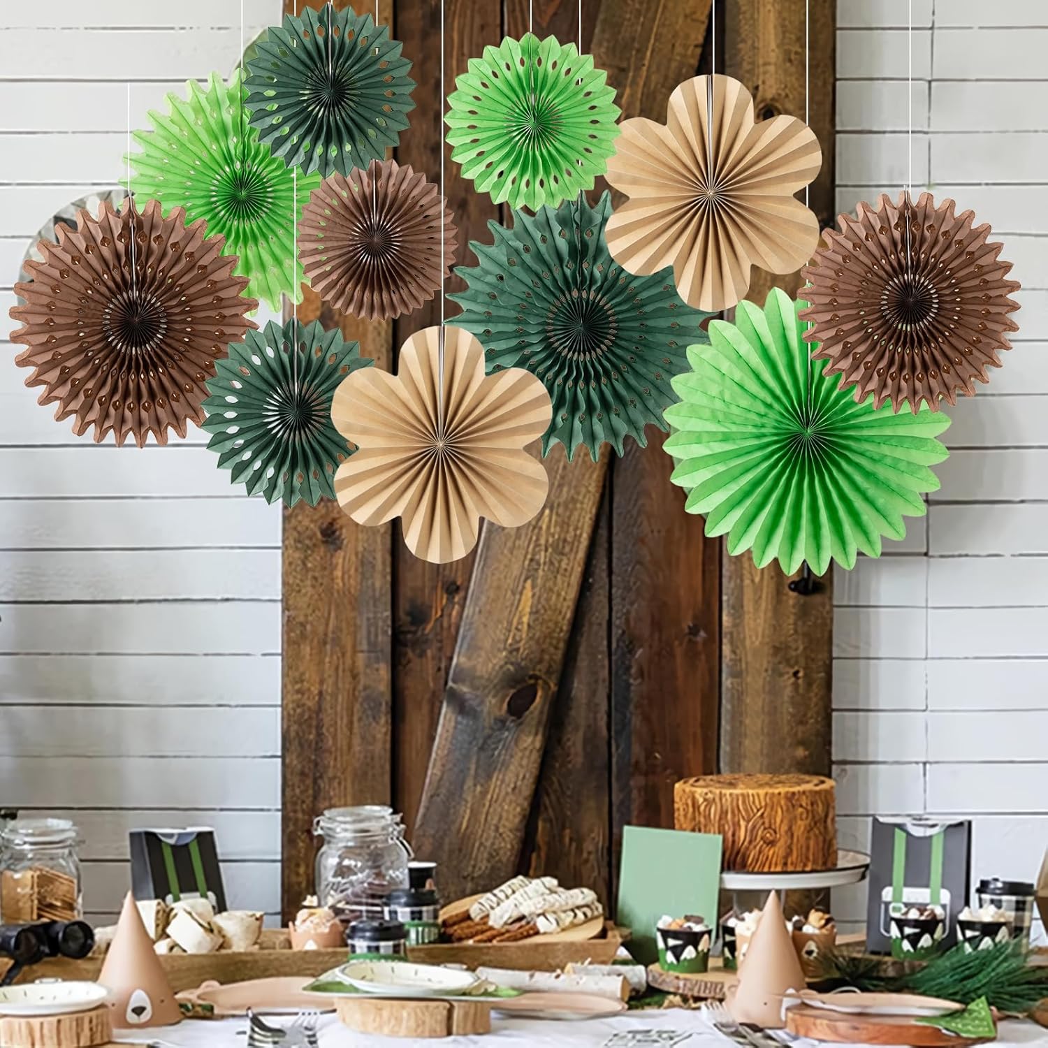 11 Pcs Tropical Jungle Hanging Paper Fans Decor Set