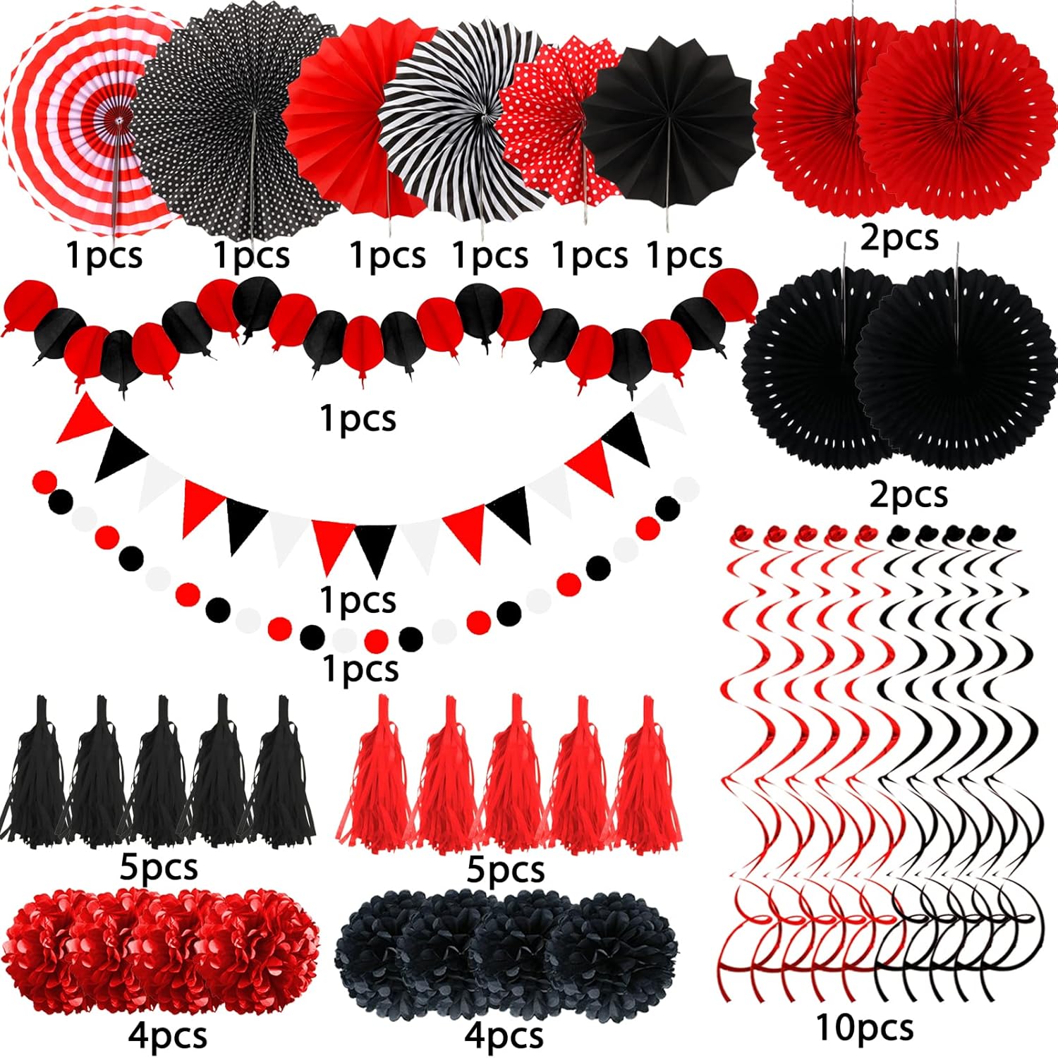 ZERODECO Black and Red Tissue Pom Poms Garland Decor