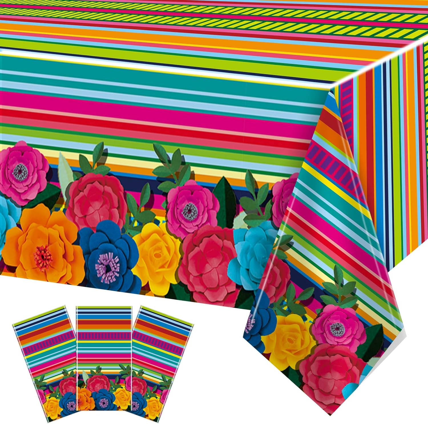 3 Pieces Mexican Fiesta Tablecovers Floral Stripes Party Decor