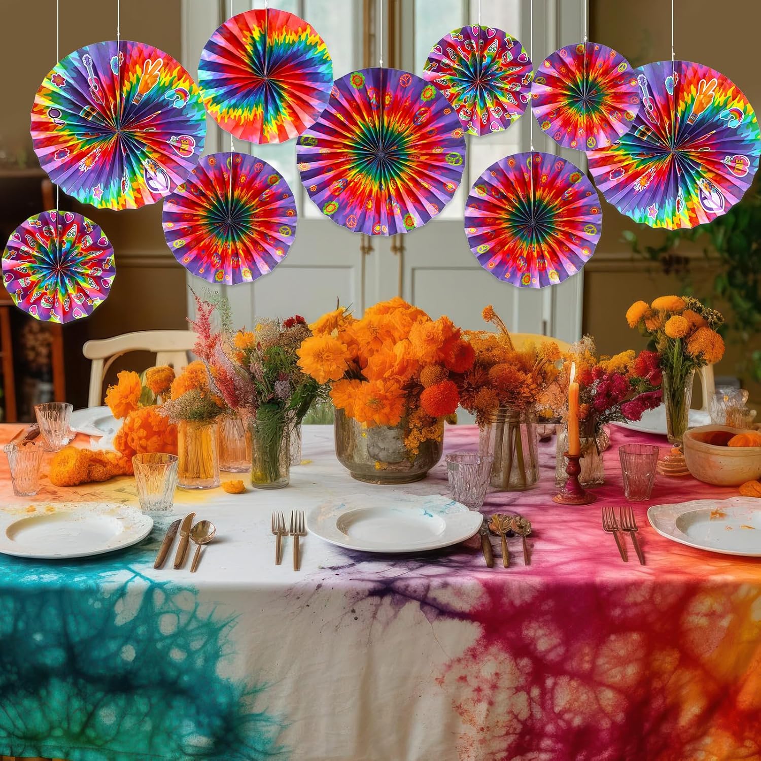 Outus 9 Pcs Tie Dye Party Fans Decorations