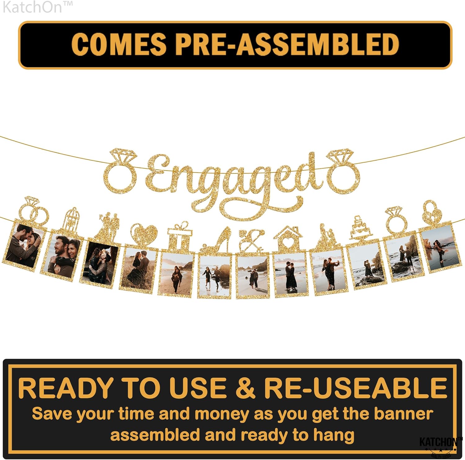 KatchOn Gold Glitter Engagement Photo Banner - 10 Feet 2 Strings No DIY