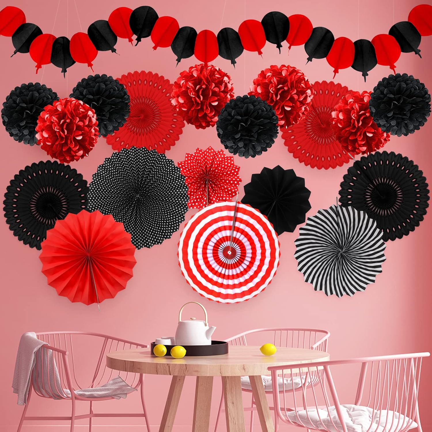 Red and Black Party Decorations Set with Fans and Pompoms