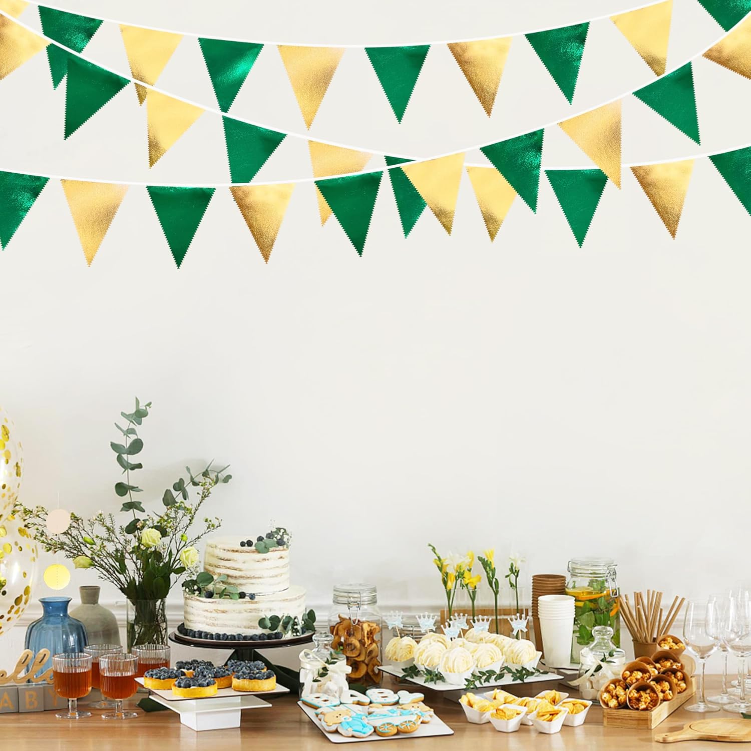Green Gold Metallic Triangle Pennant Banner Flag Bunting Garland for Parties