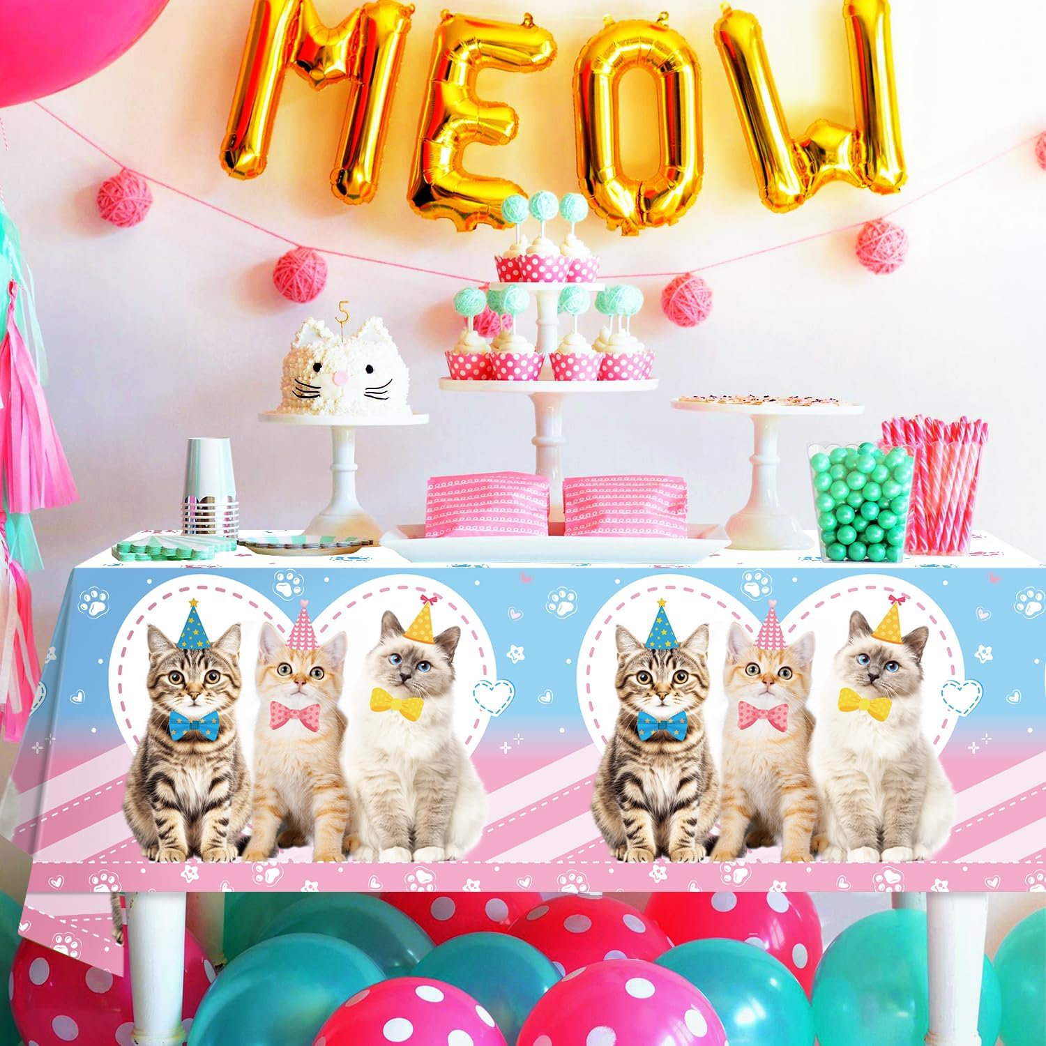 4 Pcs Cat Themed Tablecloth Set for Parties