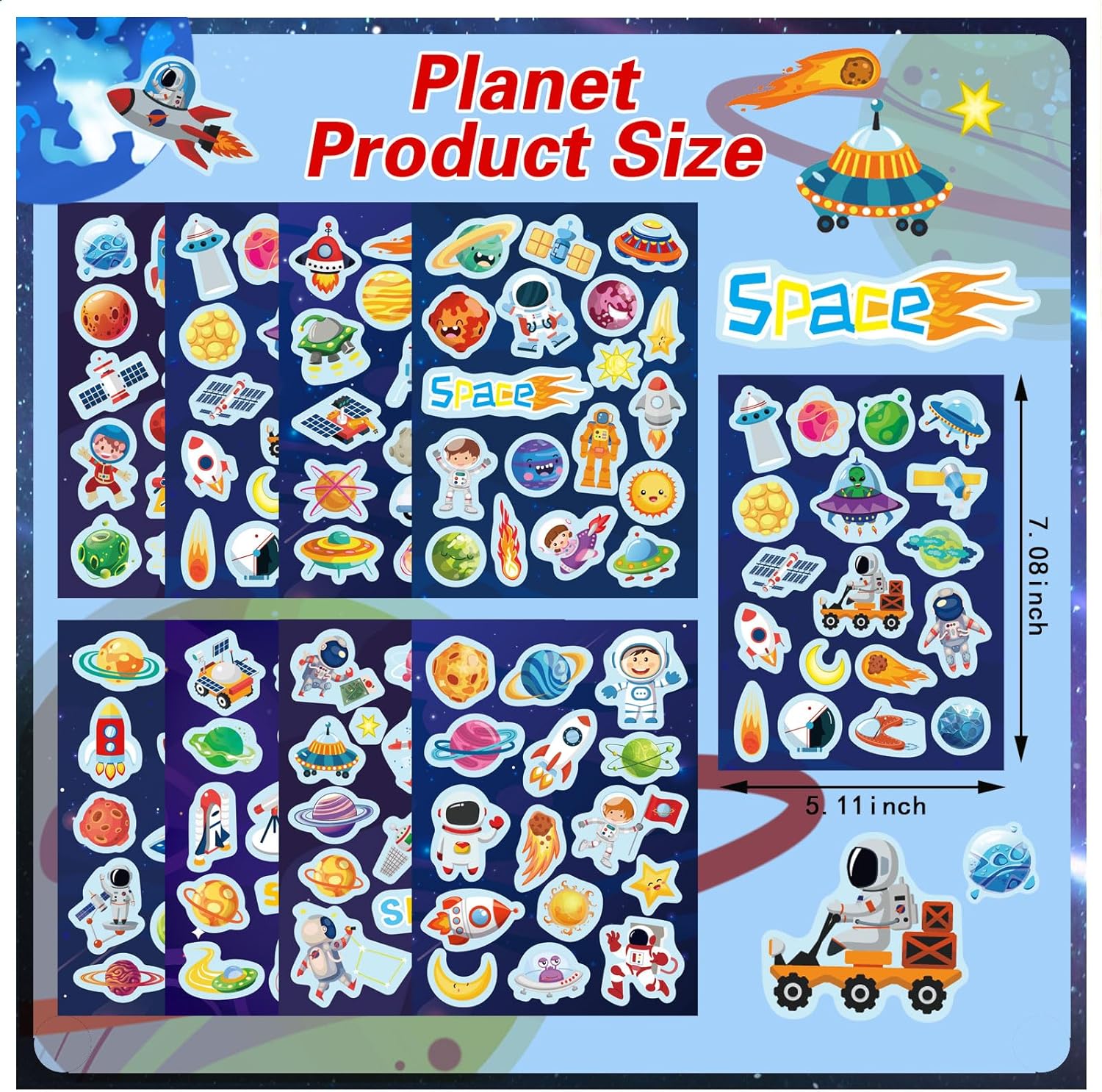 24 Sheets Space Themed Sticker Set - 8 Planets Astronauts Rockets
