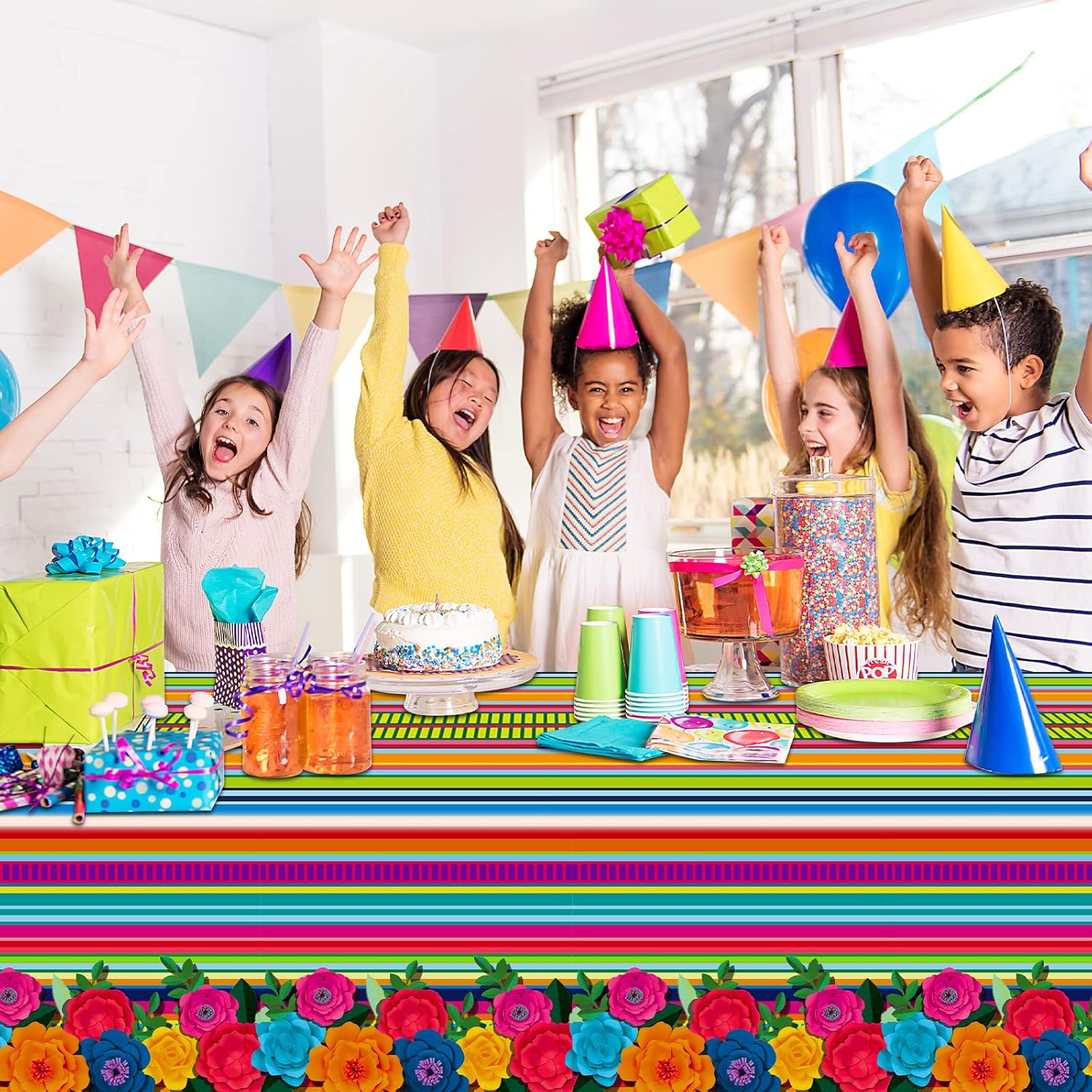 3 Pieces Mexican Fiesta Tablecovers Floral Stripes Party Decor