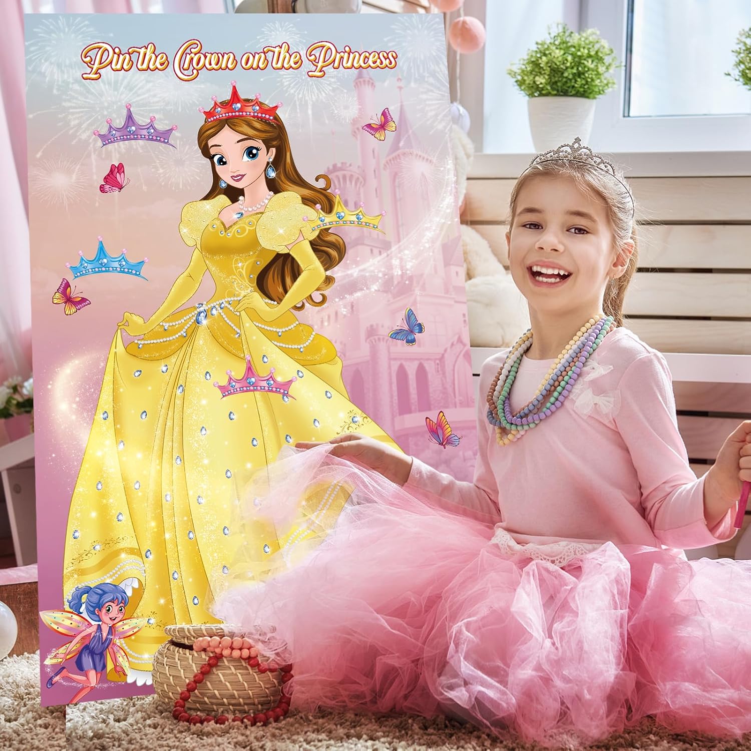 Pin The Crown on The Princess Party Game with Belle Poster and Stickers