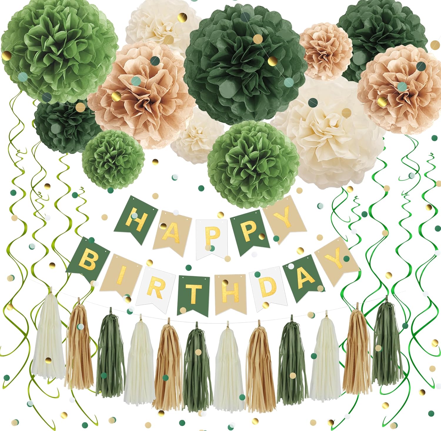 Green Birthday Decorations Kit with Pom Poms and Banner