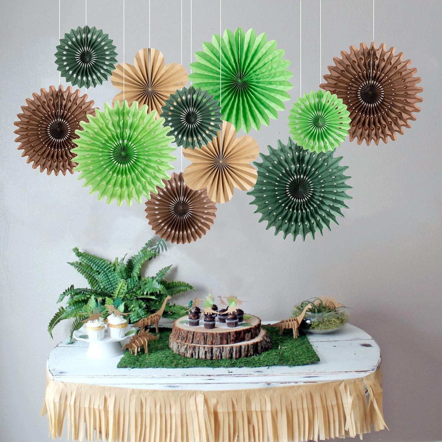 11 Pcs Tropical Jungle Hanging Paper Fans Decor Set