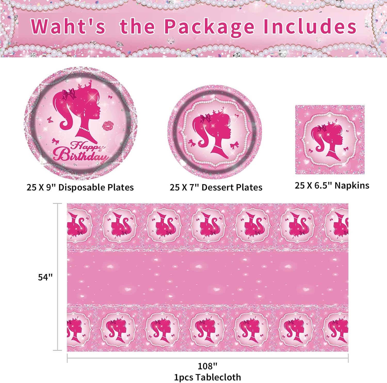 Pink Princess Party Plates Set for 25 Guests