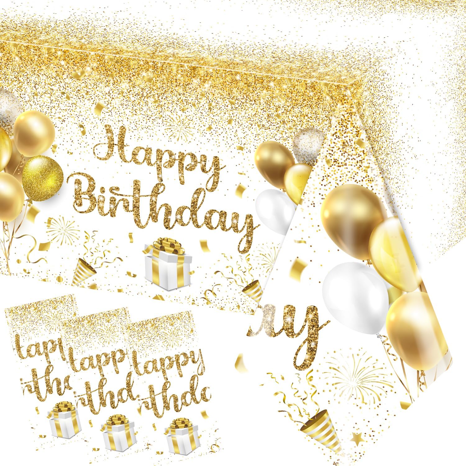 Happy Birthday Tablecloths 3pcs Gold White Party Decor