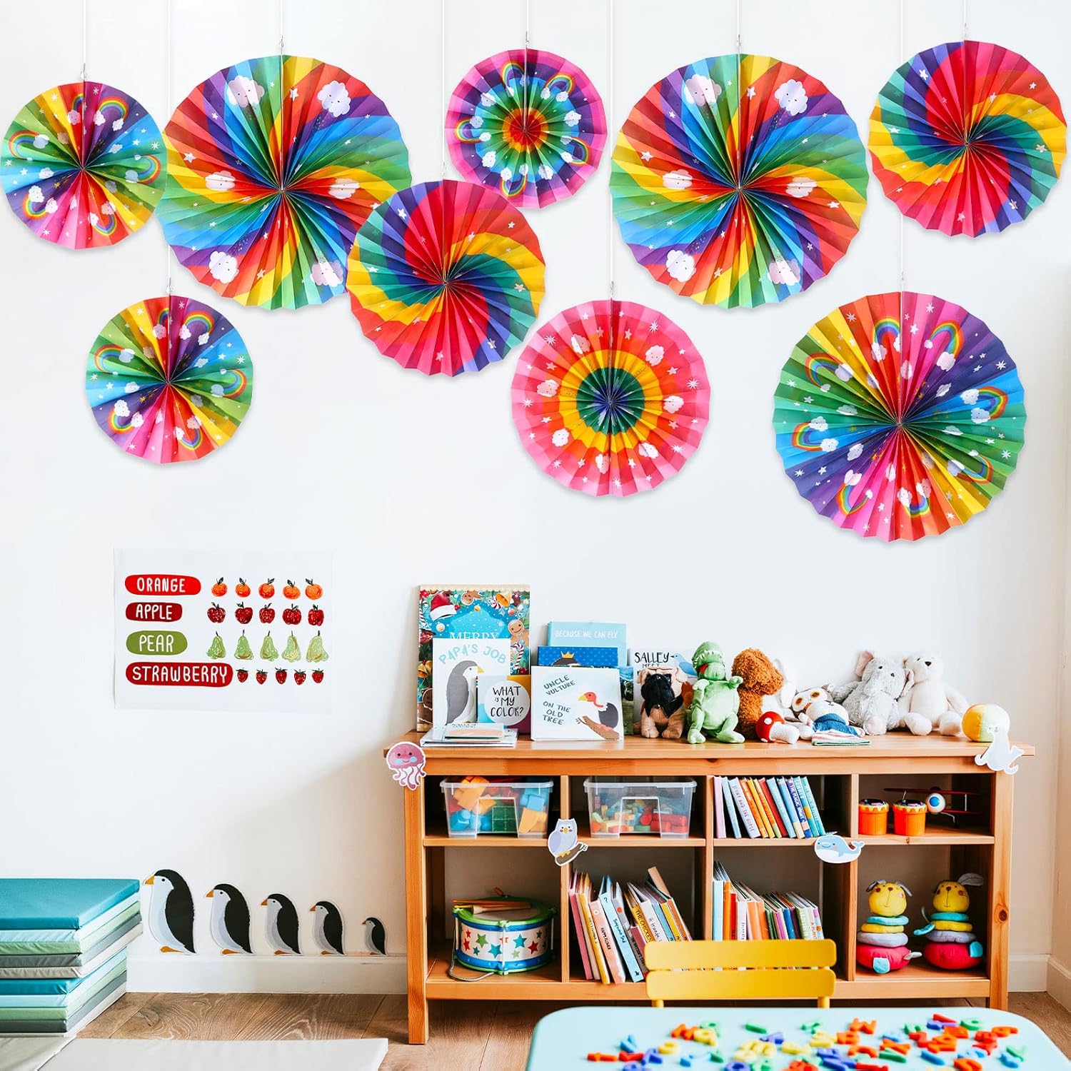 Outus 9 Pcs Rainbow Party Decor Paper Fans