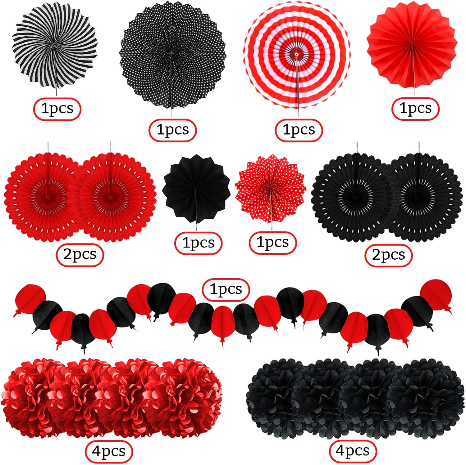 Red and Black Party Decorations Set with Fans and Pompoms