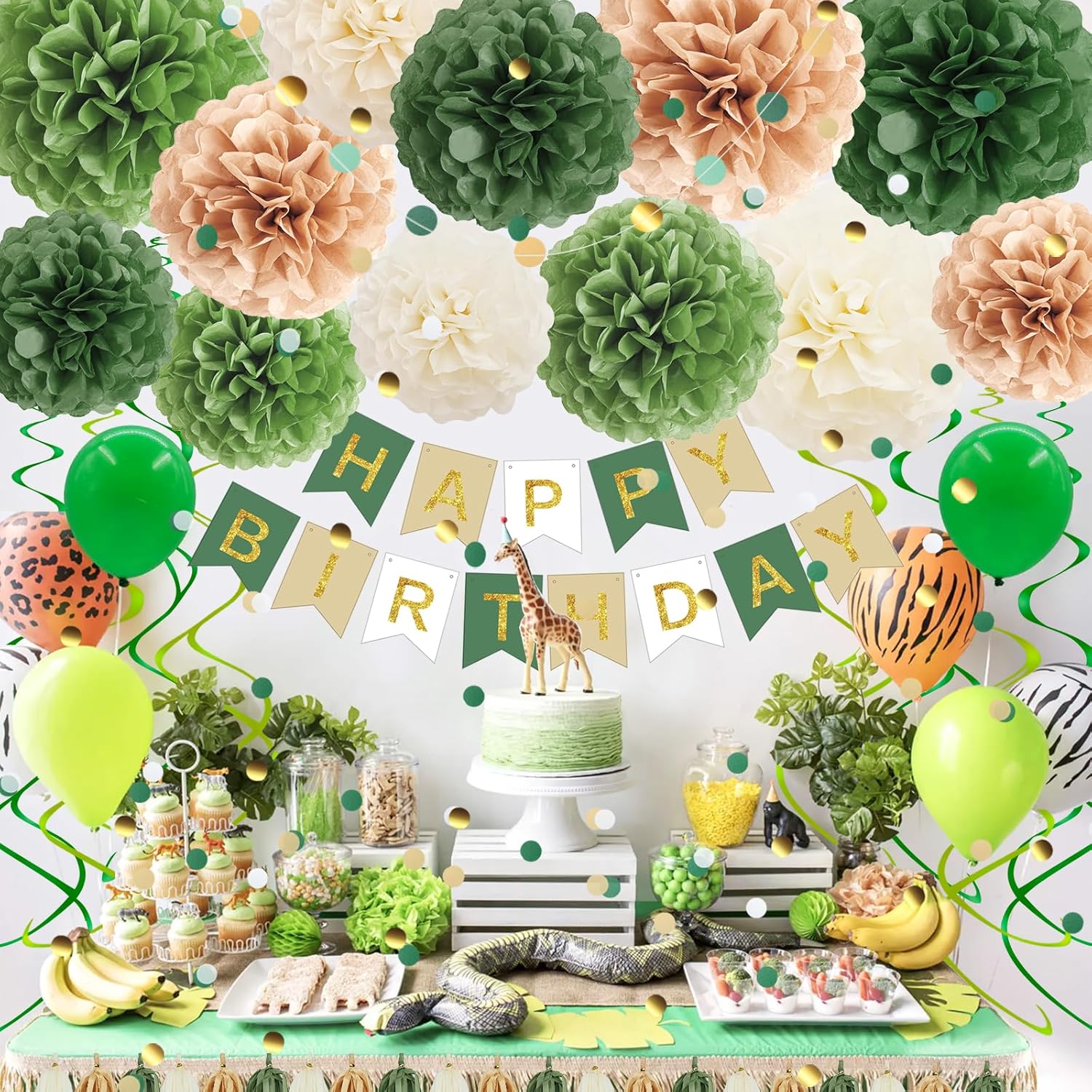 Green Birthday Decorations Kit with Pom Poms and Banner