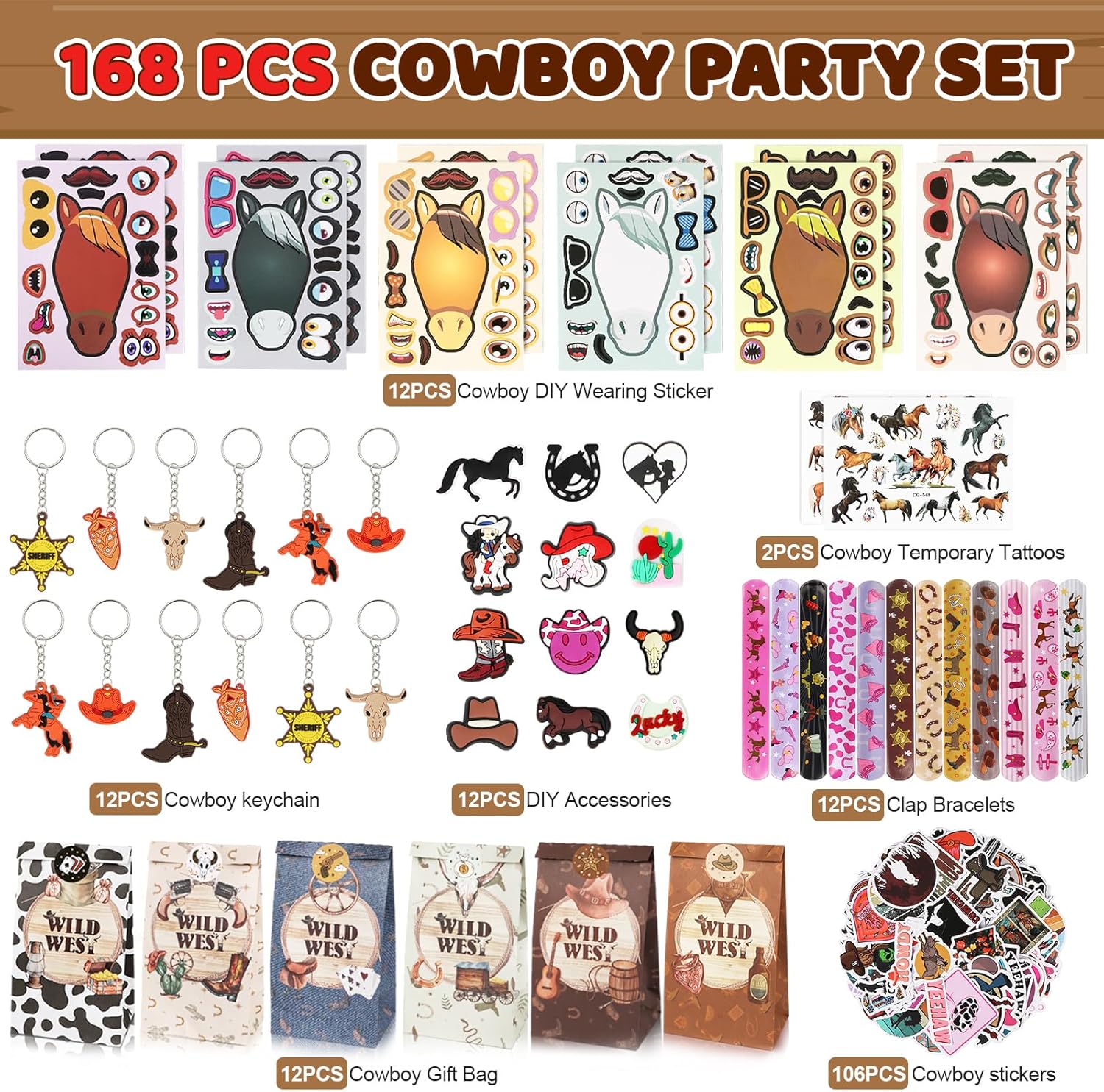 AerWo 168PCS Horse Party Favors Set - Cowboy Decorations