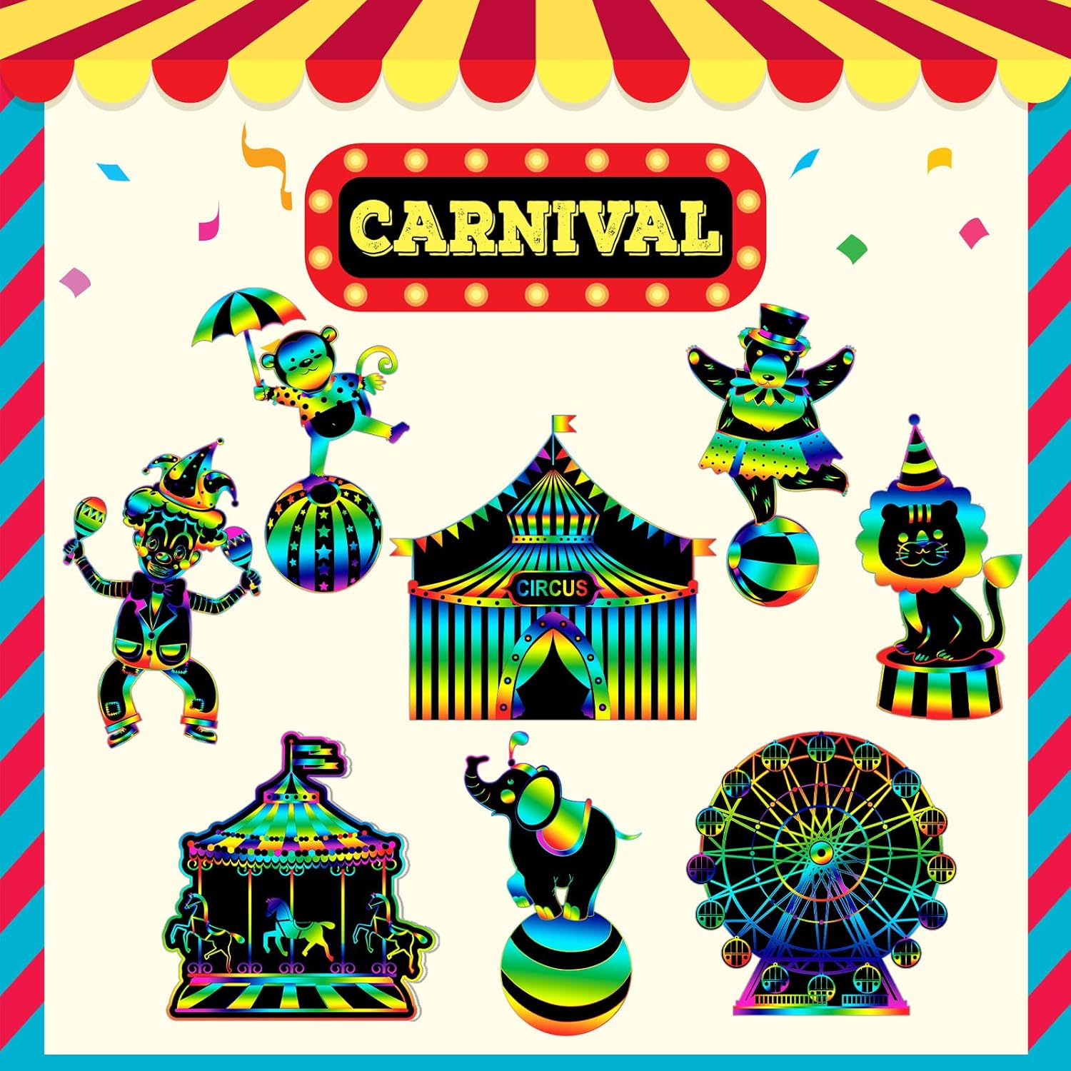 RoundFunny 80 Pcs Carnival Scratch Cards with Sticks and Ribbons