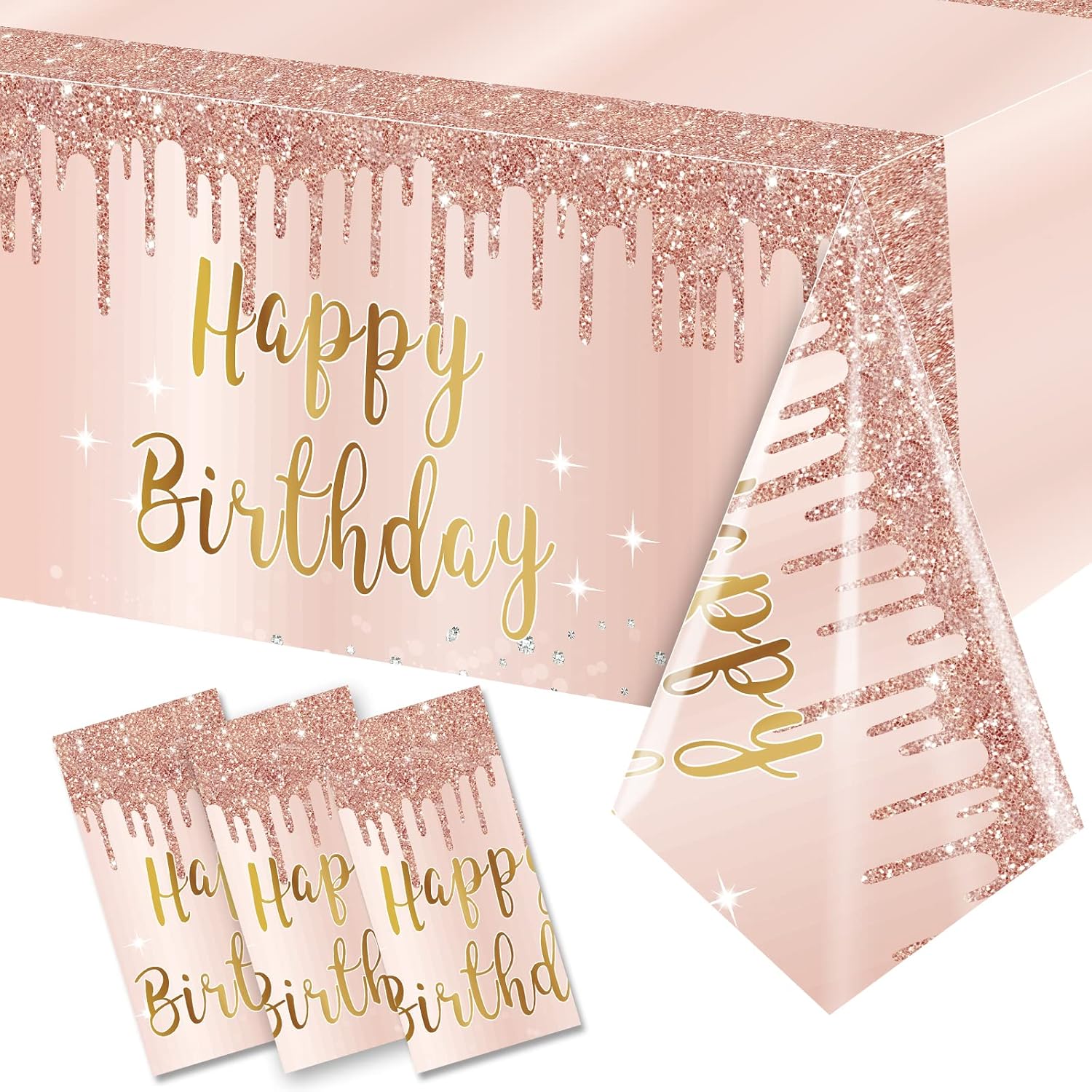 3 Pcs Pink Rose Gold Happy Birthday Table Cover Decorations