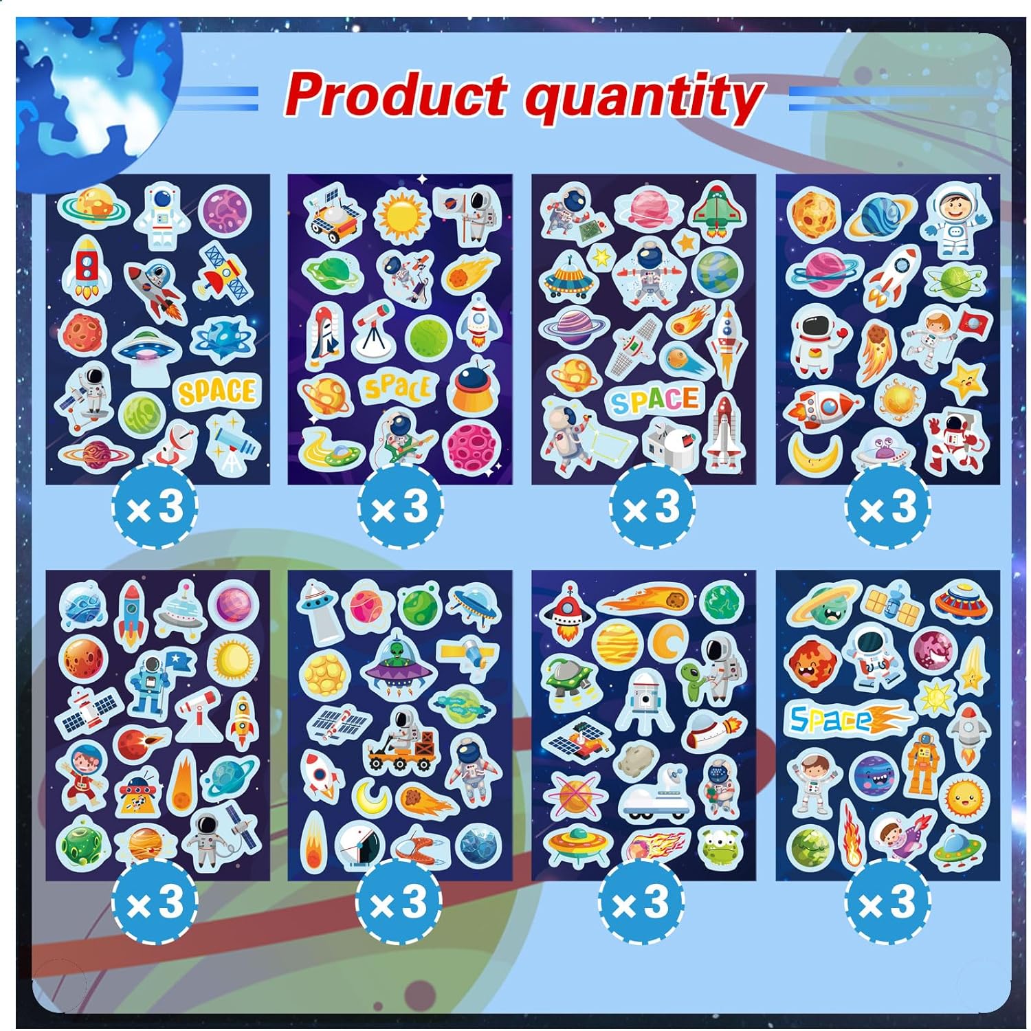 24 Sheets Space Themed Sticker Set - 8 Planets Astronauts Rockets