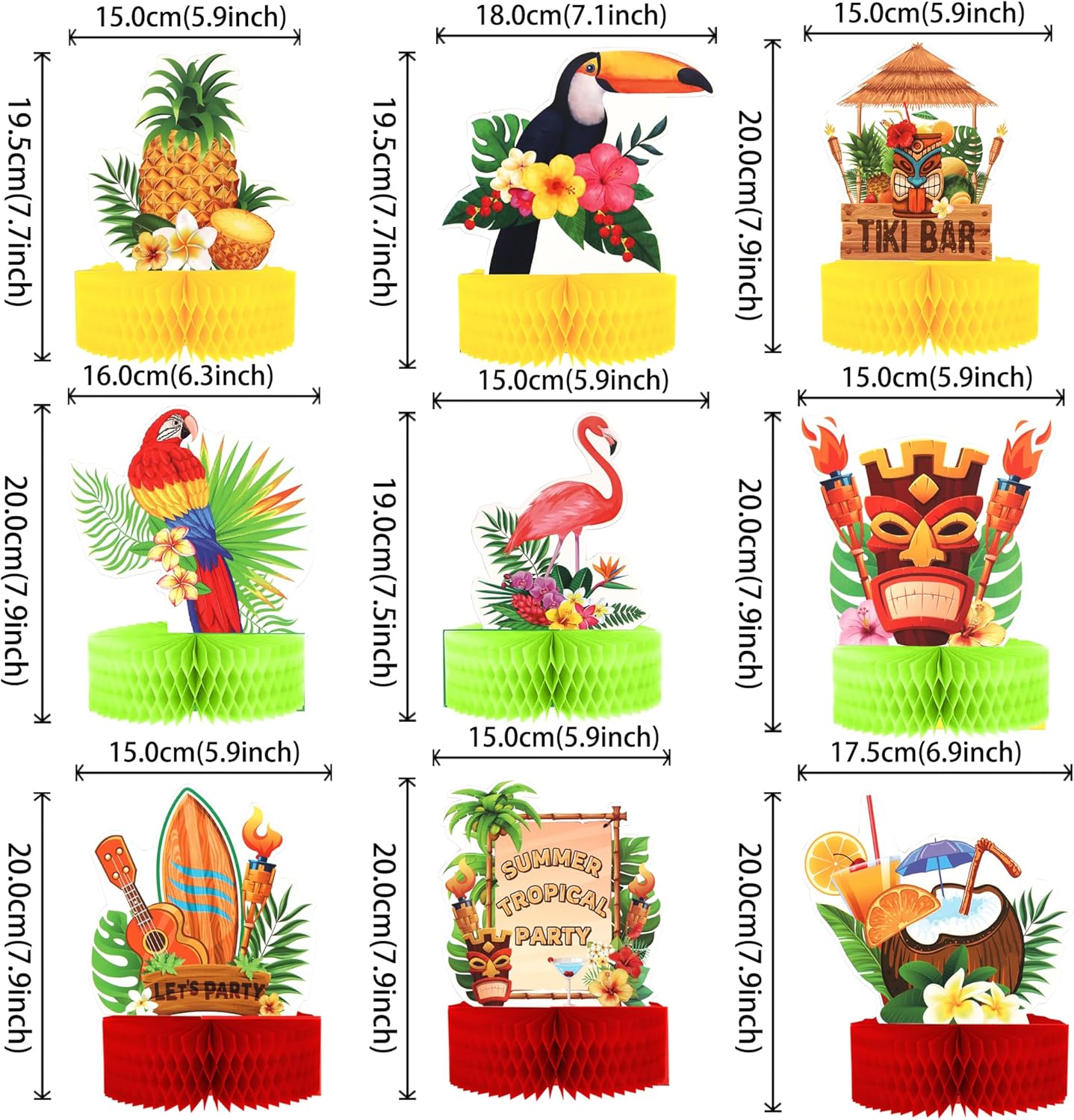 9PCS Tropical Party Honeycomb Table Centerpieces for Hawaiian Luau Events