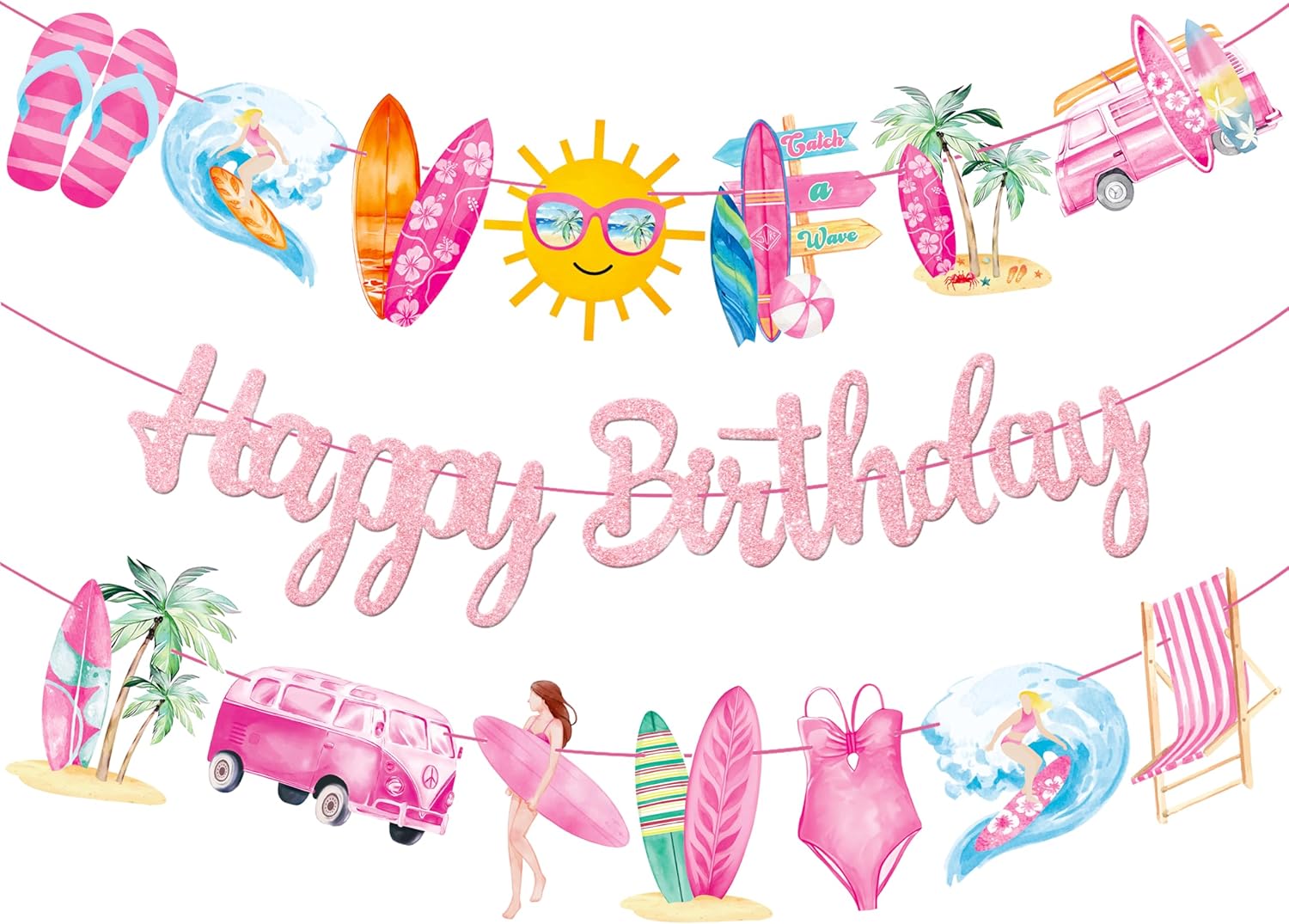 3Pcs Pink Glitter Surf Party Banners for Girls
