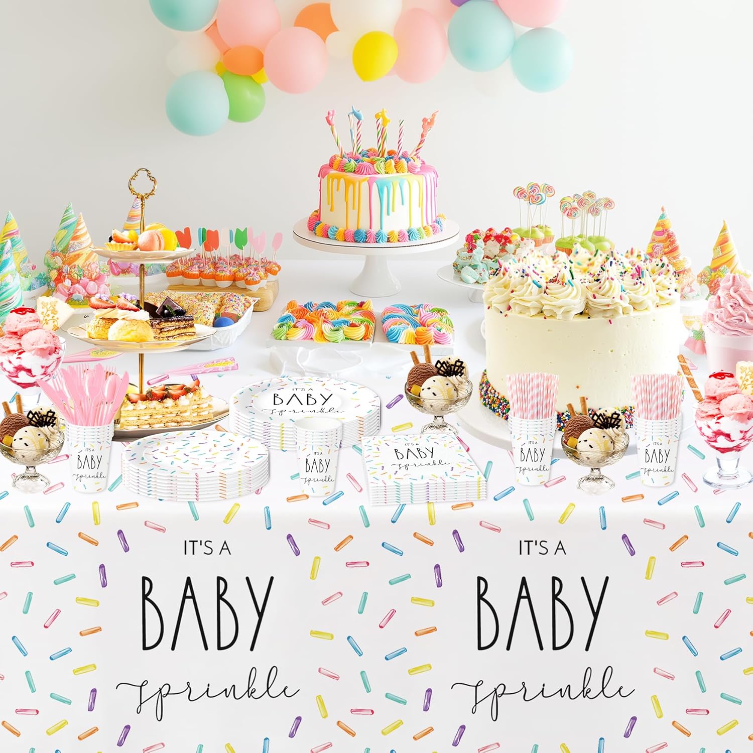 Sprinkle Baby Shower Tablecloth 3 Pack - 86x55in Rainbow Confetti Decor