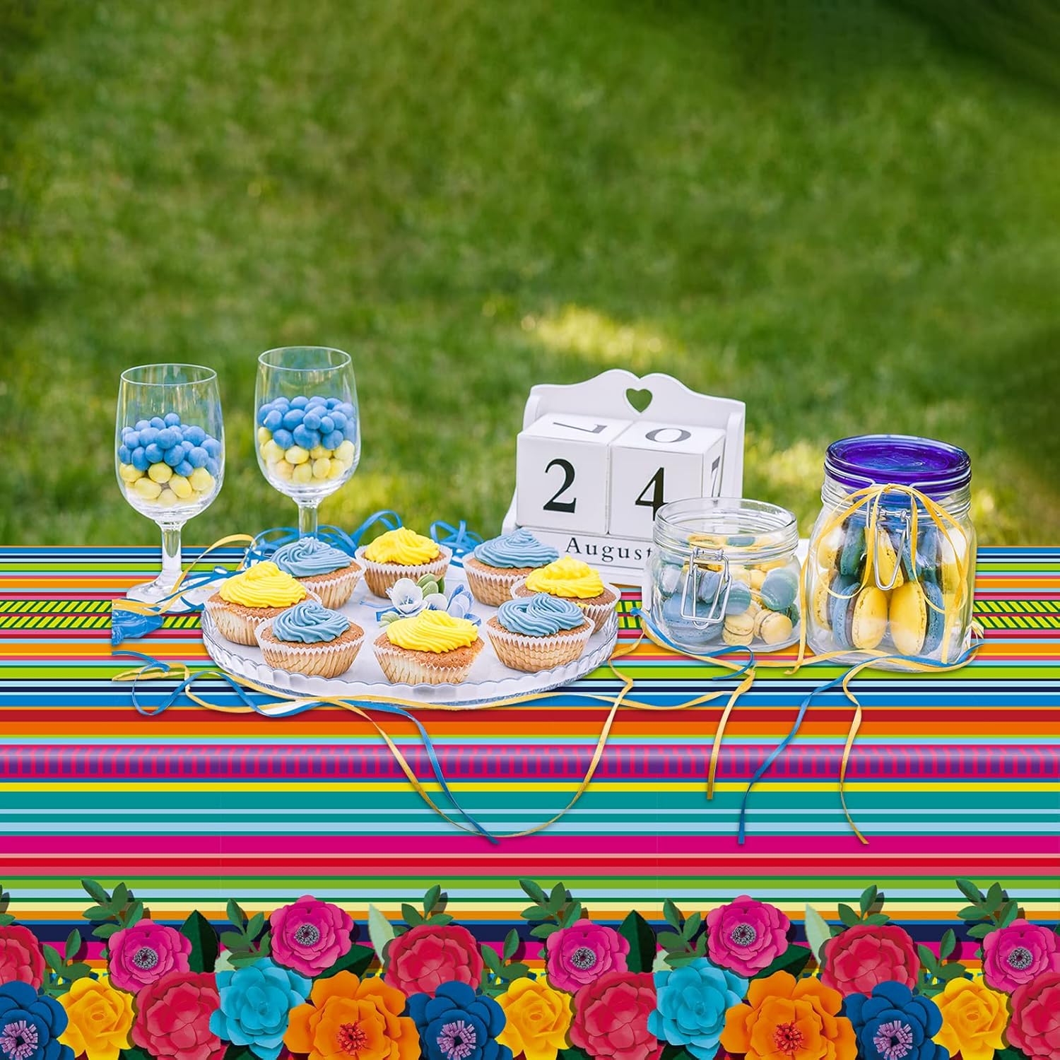 3 Pieces Mexican Fiesta Tablecovers Floral Stripes Party Decor