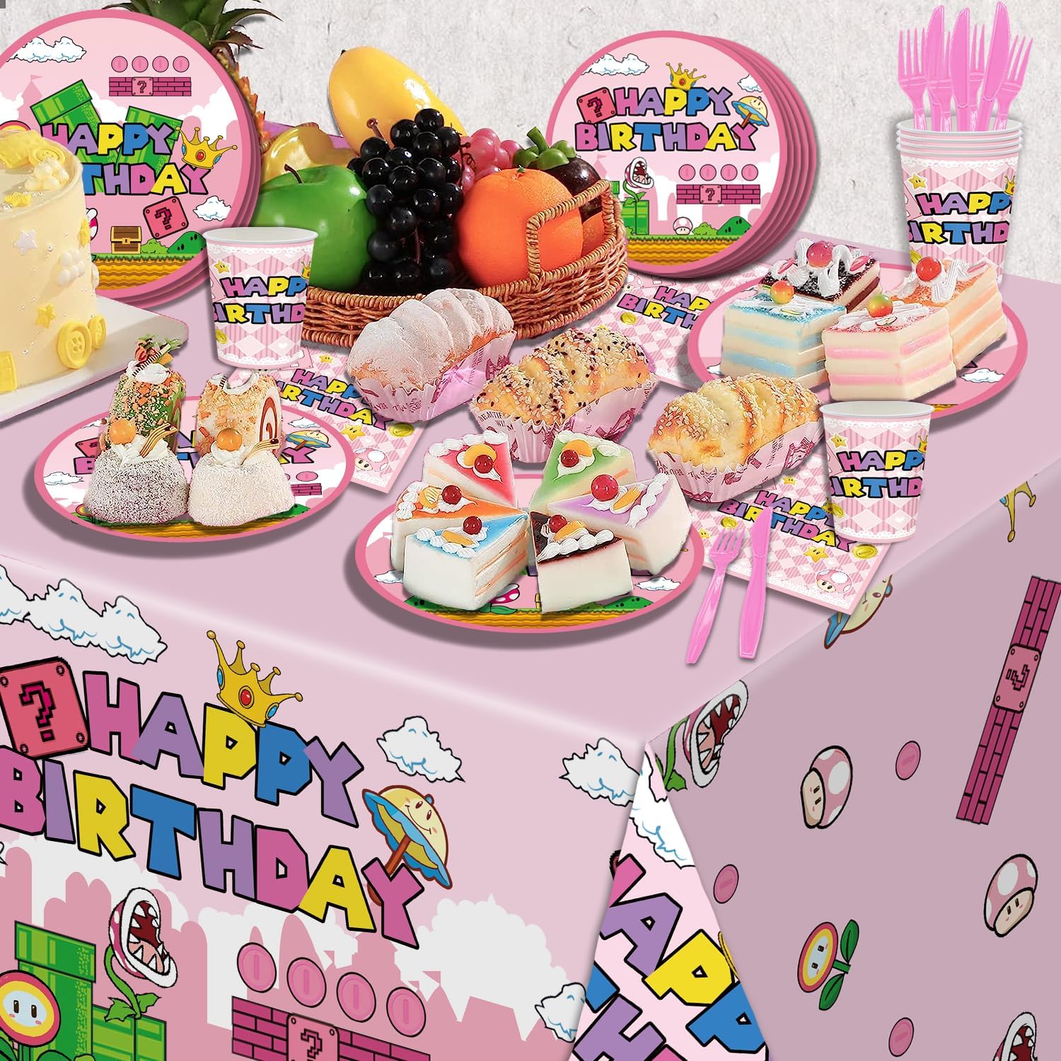 122Pcs Super Bros Peach Party Tableware Kit for 20 Guests