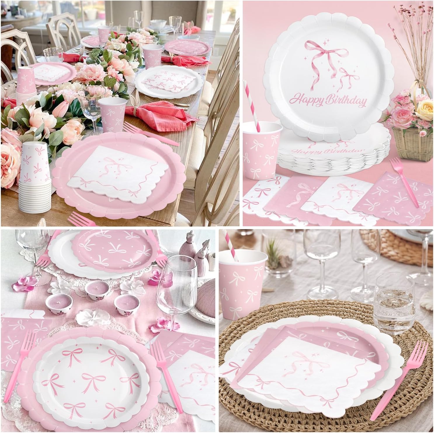 300 Pcs Pink Bow Tableware Set for Birthday Parties