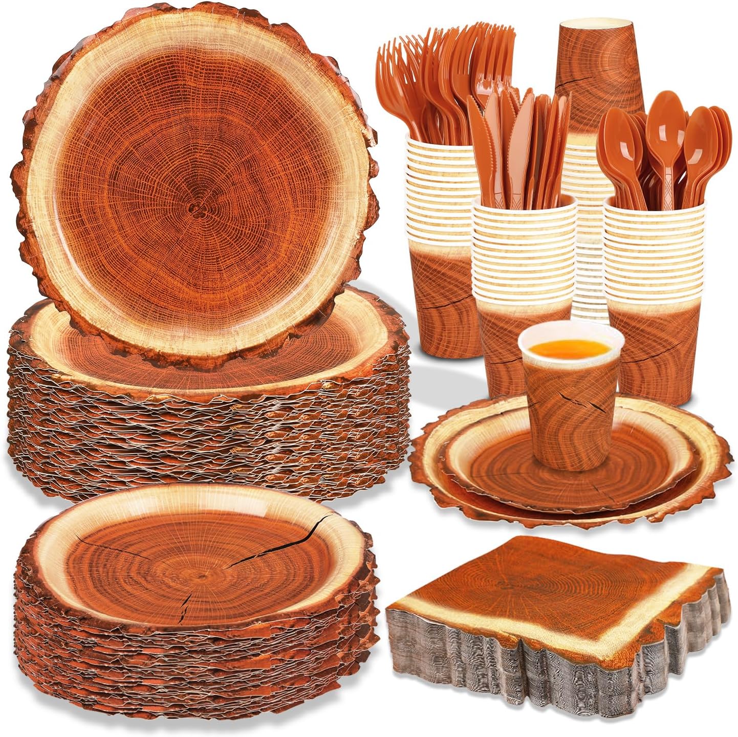 200 Piece Rustic Wood Grain Tableware Set for Camping and Birthday Parties