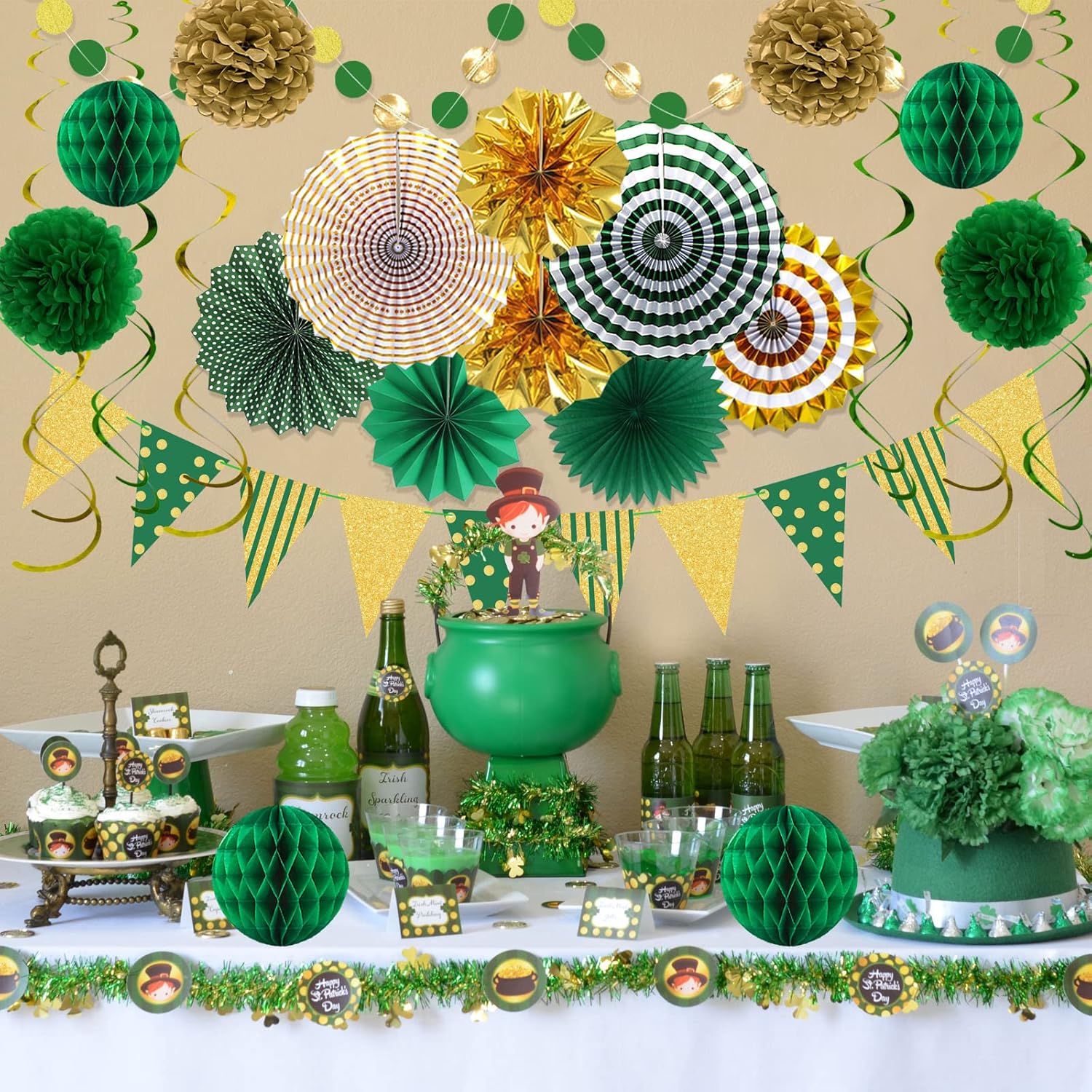 Green Gold Party Decorations Set with Fans and Flags