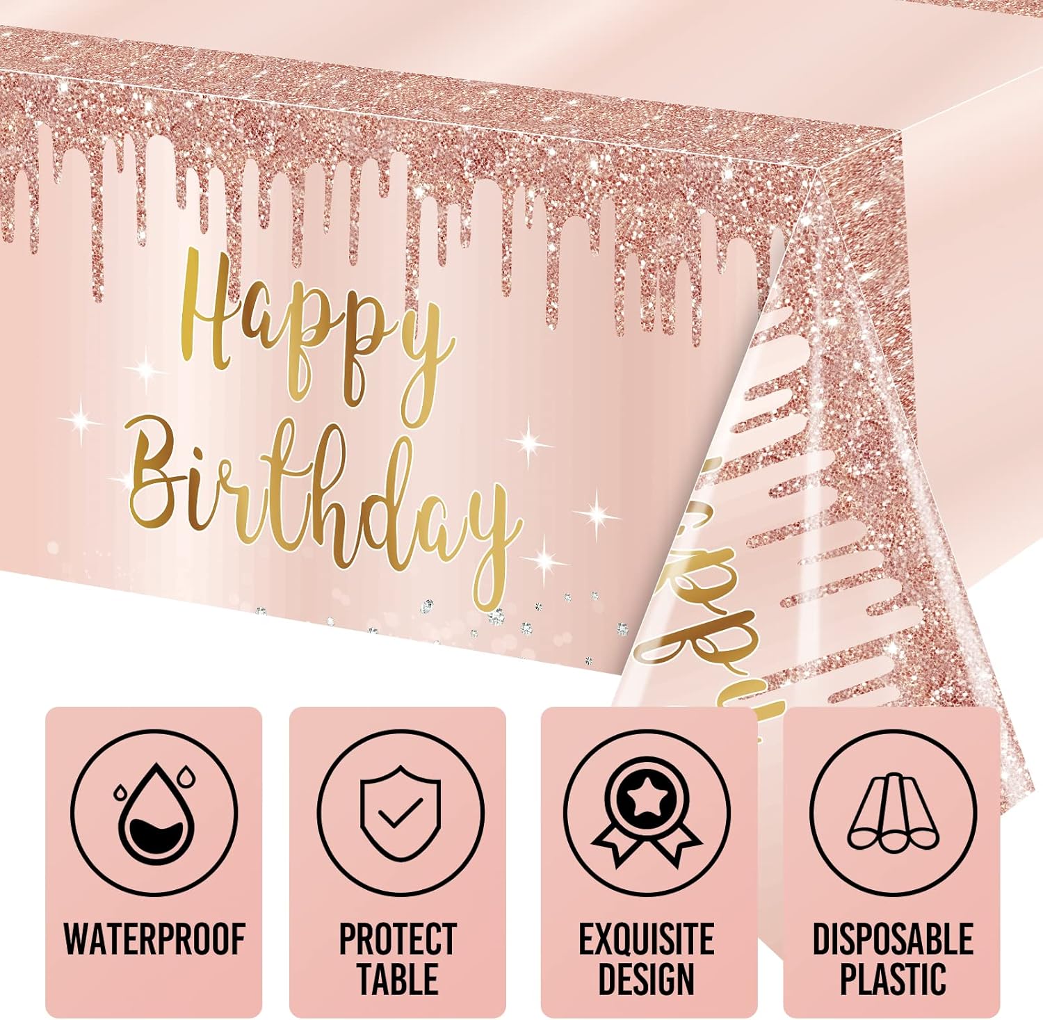 3 Pcs Pink Rose Gold Happy Birthday Table Cover Decorations