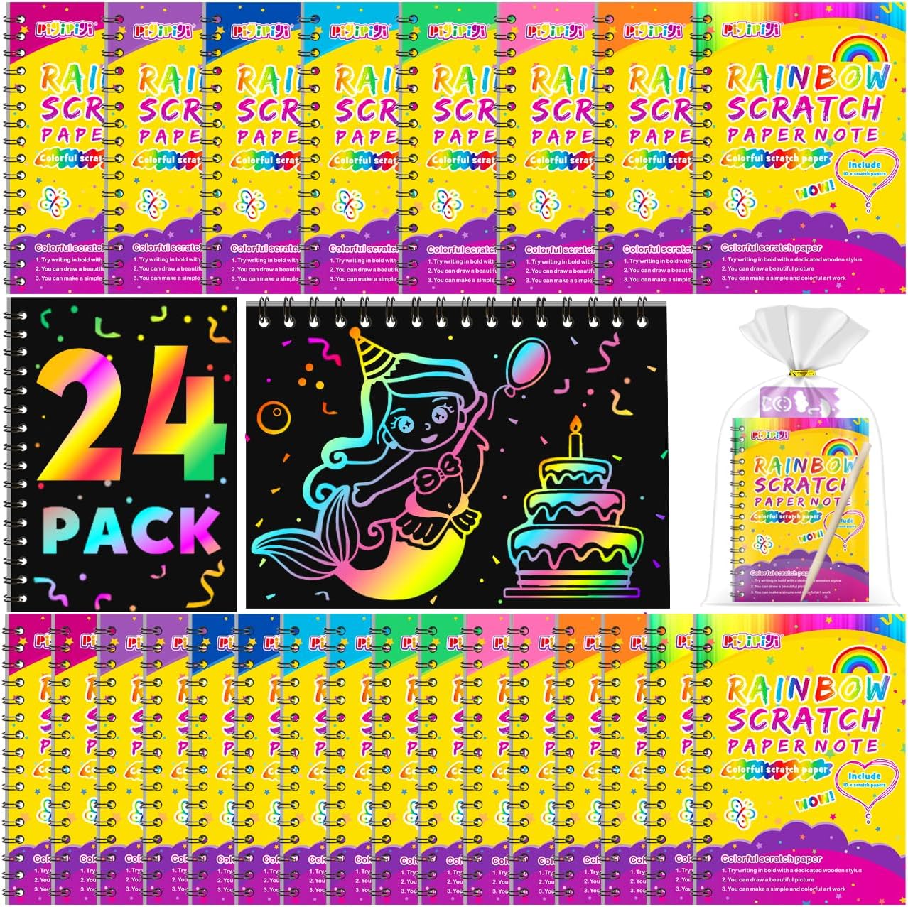 Pigipigi Rainbow Scratch Art Notebook Set 24 Pack