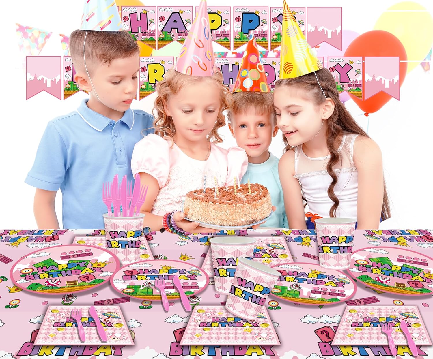 122Pcs Super Bros Peach Party Tableware Kit for 20 Guests